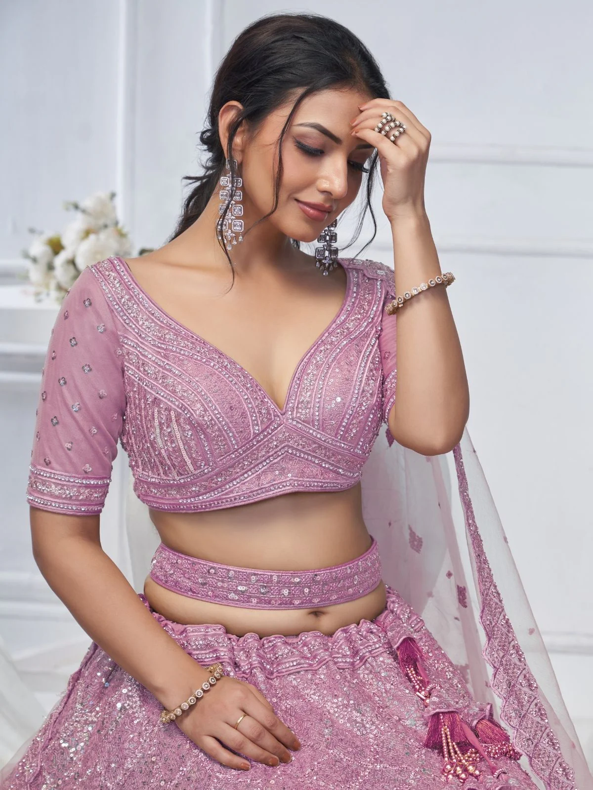 Odette Pink Soft Net Embellished Semi-Stitched Lehenga With Unstitched Blouse For Women - Image 5
