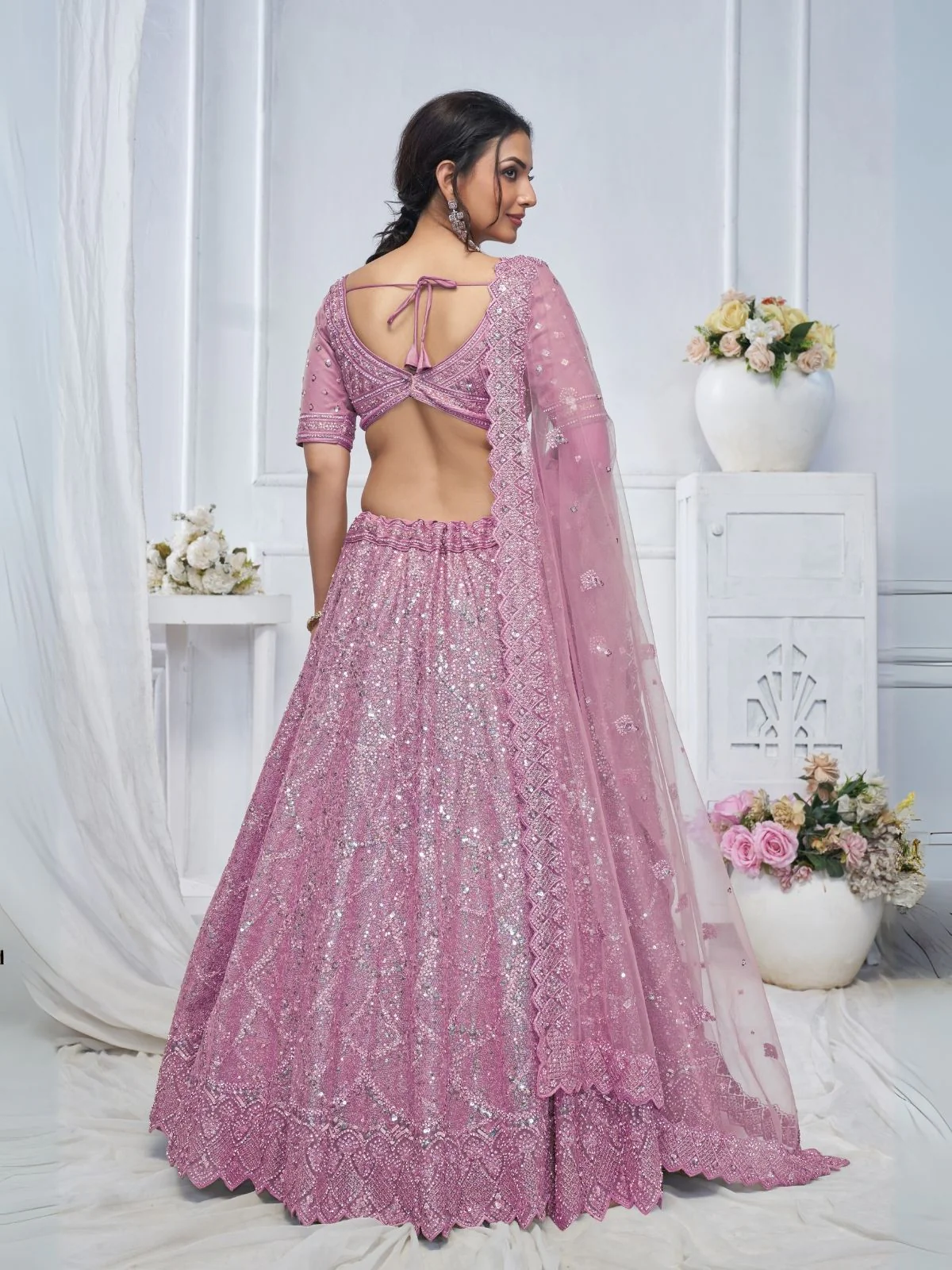 Odette Pink Soft Net Embellished Semi-Stitched Lehenga With Unstitched Blouse For Women - Image 6