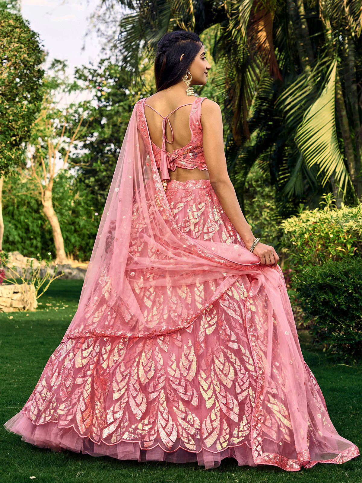 Odette Pink Soft Net Embellished Semi Stitched Lehenga With Unstitched Blouse For Women - Image 4