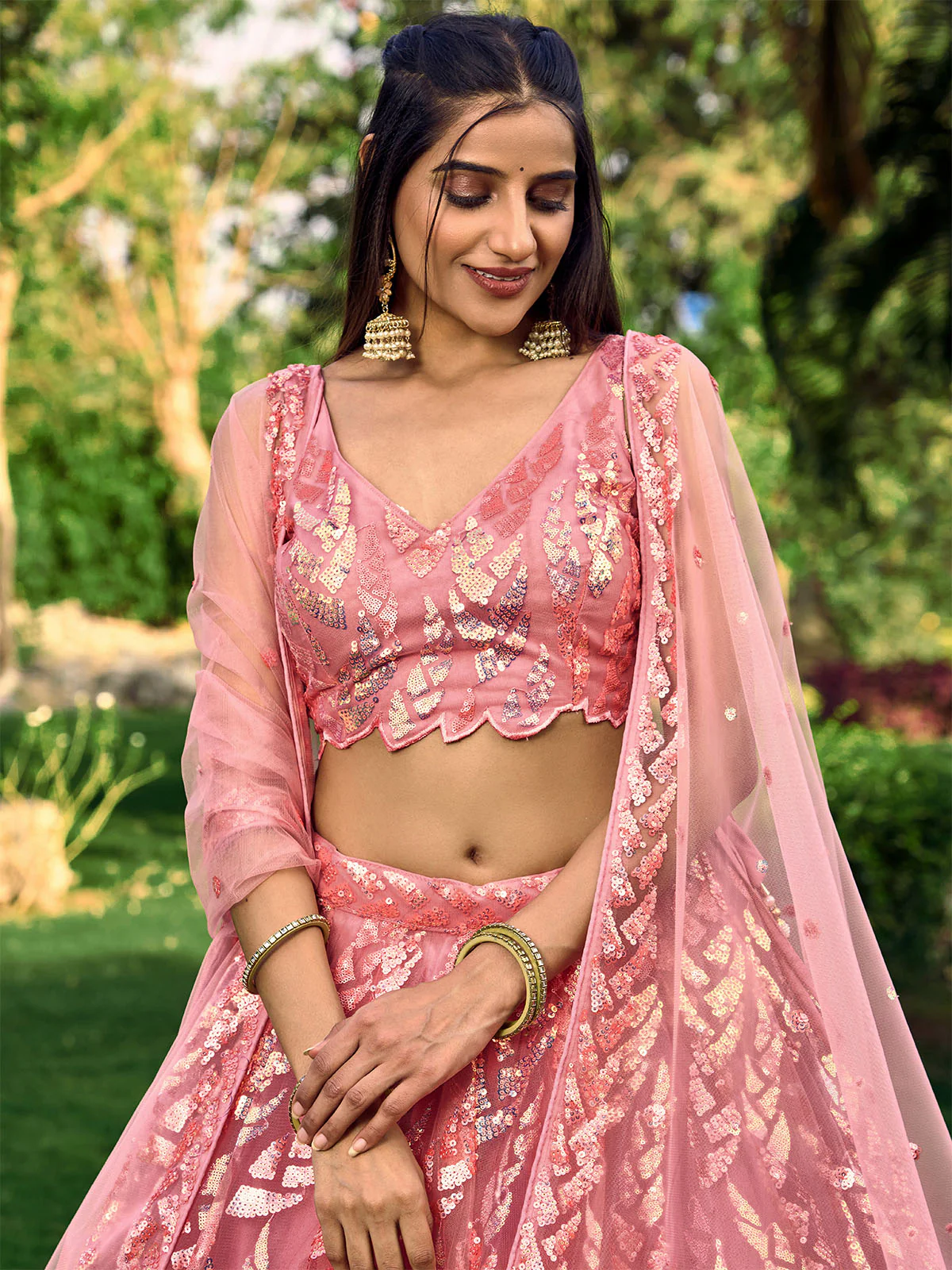 Odette Pink Soft Net Embellished Semi Stitched Lehenga With Unstitched Blouse For Women - Image 5