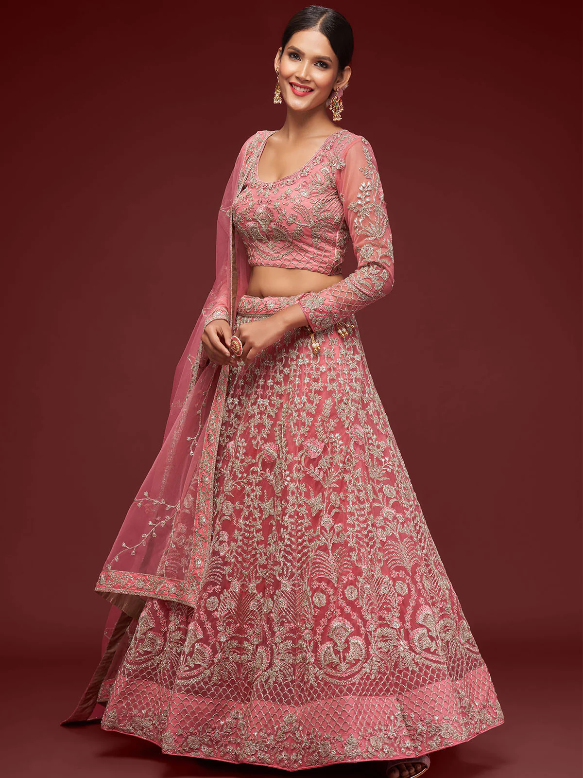 Odette Pink Soft Net Embellished Semi Stitched Lehenga With Unstitched Blouse For Women - Image 2