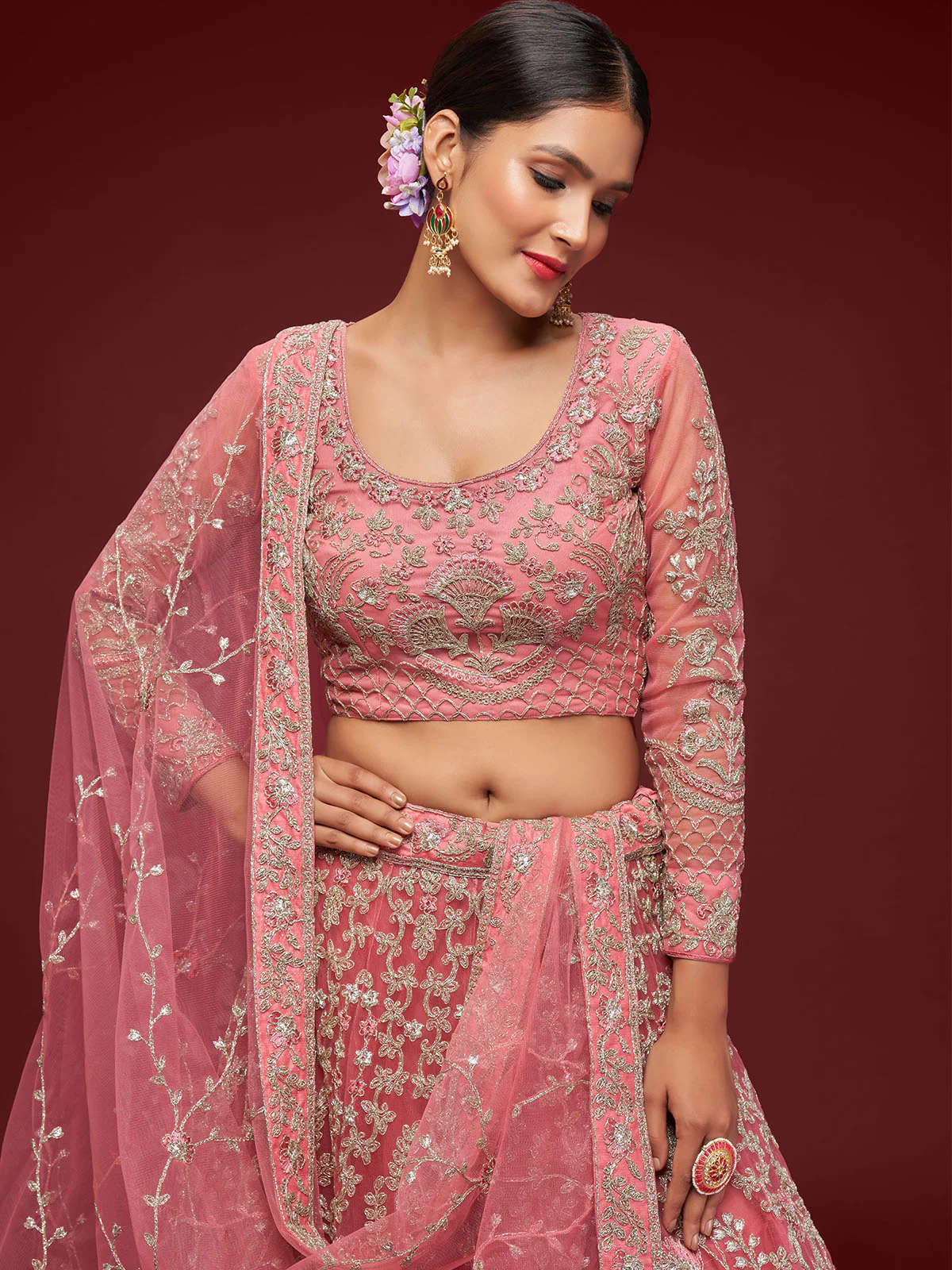 Odette Pink Soft Net Embellished Semi Stitched Lehenga With Unstitched Blouse For Women - Image 5