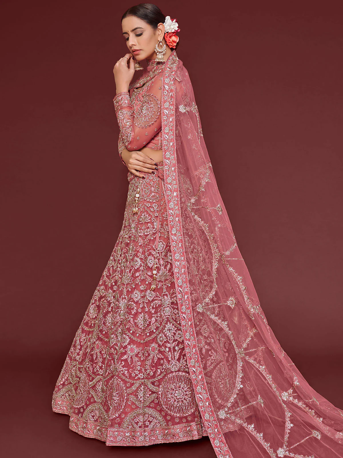 Odette Pink Soft Net Embellished Semi Stitched Lehenga With Unstitched Blouse For Women - Image 3