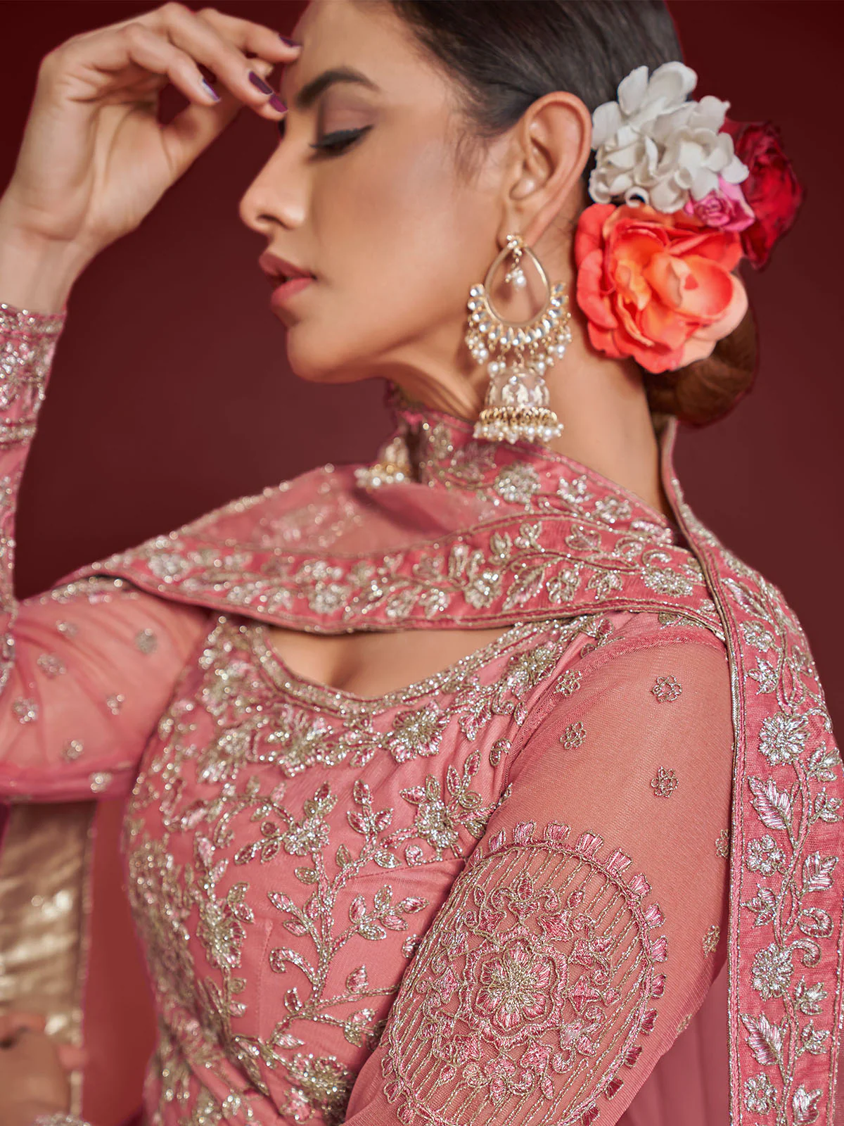 Odette Pink Soft Net Embellished Semi Stitched Lehenga With Unstitched Blouse For Women - Image 6