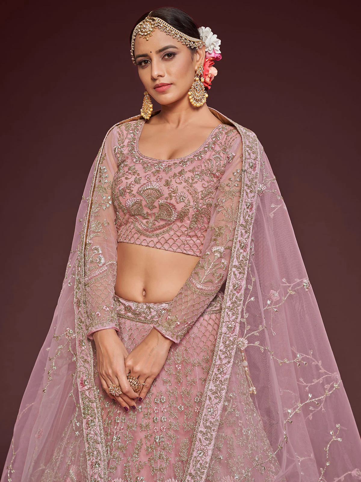 Odette Pink Soft Net Embellished Semi Stitched Lehenga With Unstitched Blouse For Women - Image 4
