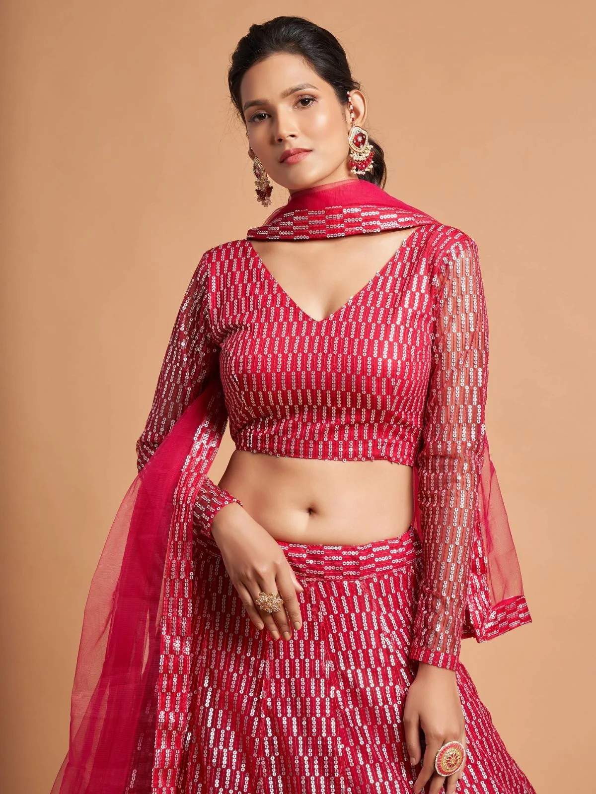 Odette Pink Soft Net Embroidered Semi Stitched Lehenga With Blouse For Women - Image 4