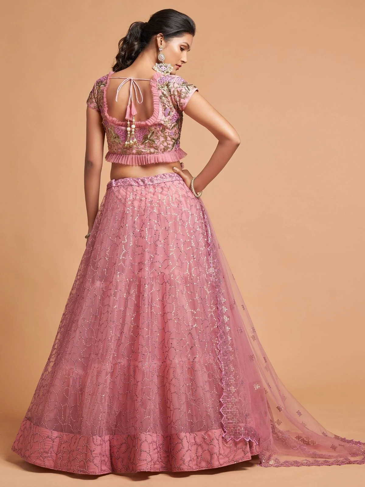 Odette Pink Soft Net Embroidered Semi Stitched Lehenga With Blouse For Women - Image 4