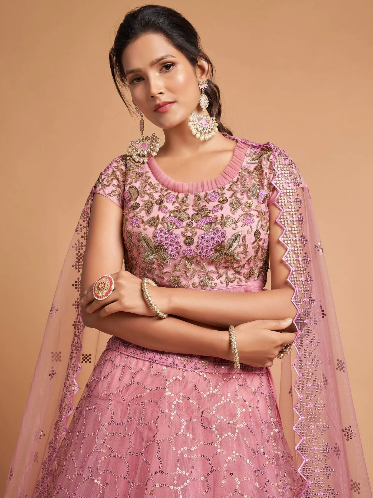 Odette Pink Soft Net Embroidered Semi Stitched Lehenga With Blouse For Women - Image 5