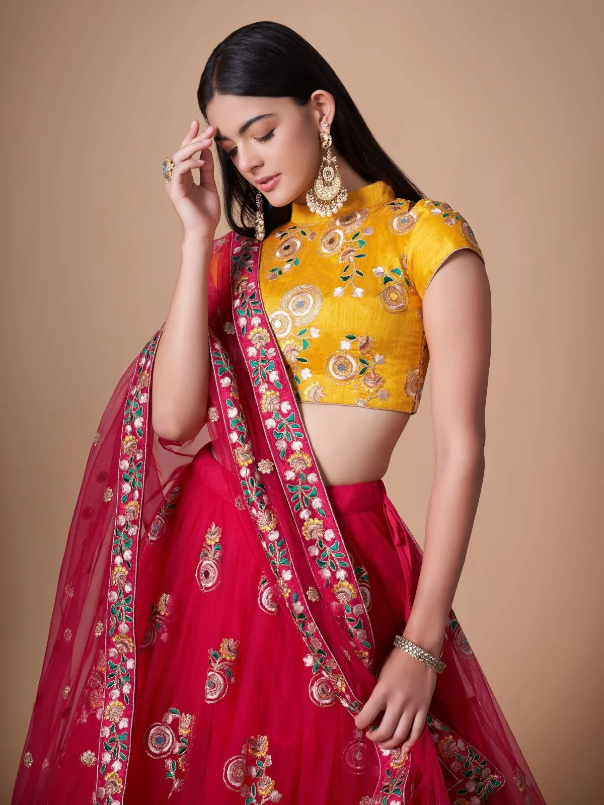 Odette Pink Soft Net Embroidered Semi Stitched Lehenga With Blouse For Women - Image 4
