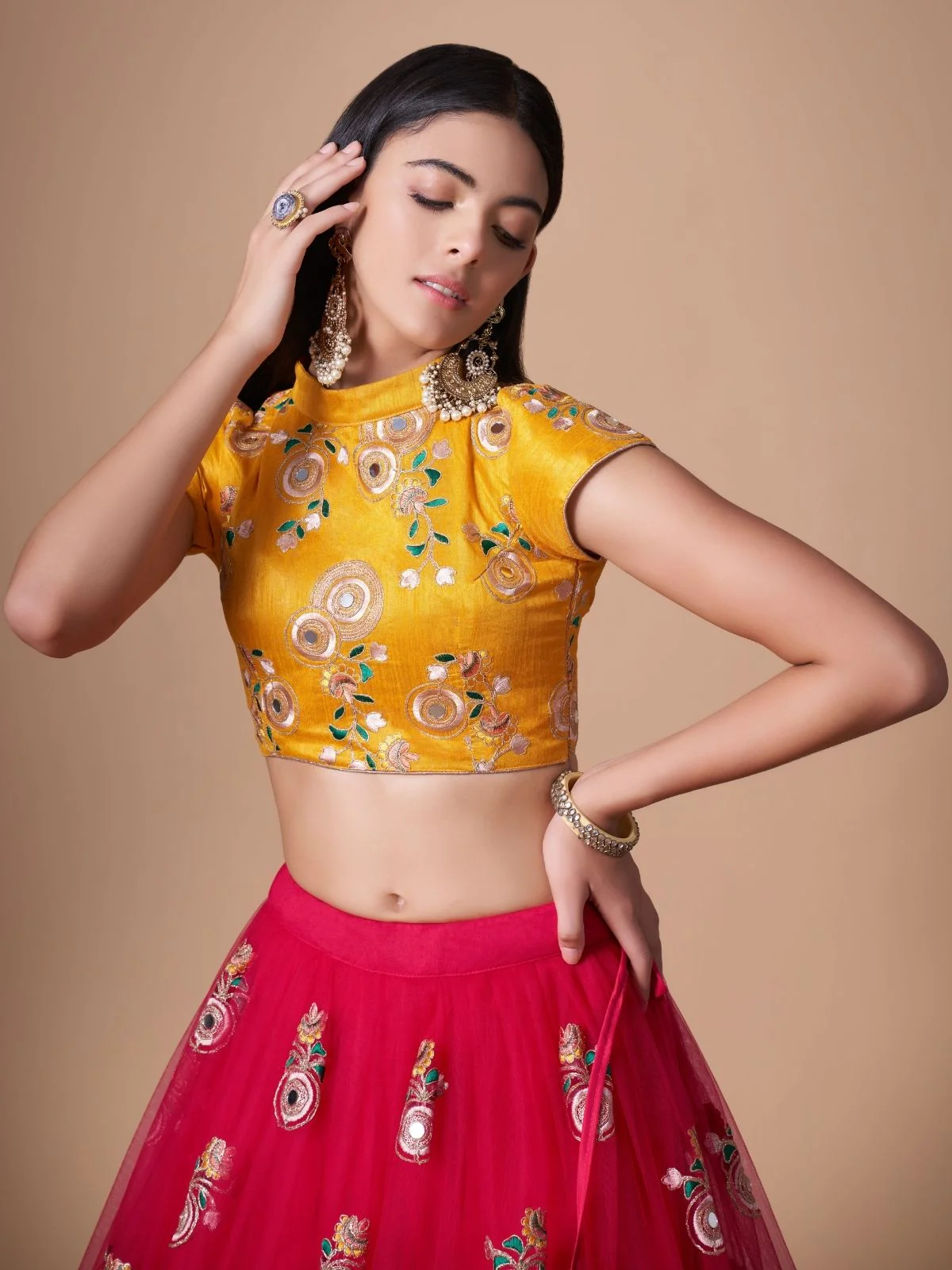 Odette Pink Soft Net Embroidered Semi Stitched Lehenga With Blouse For Women - Image 5