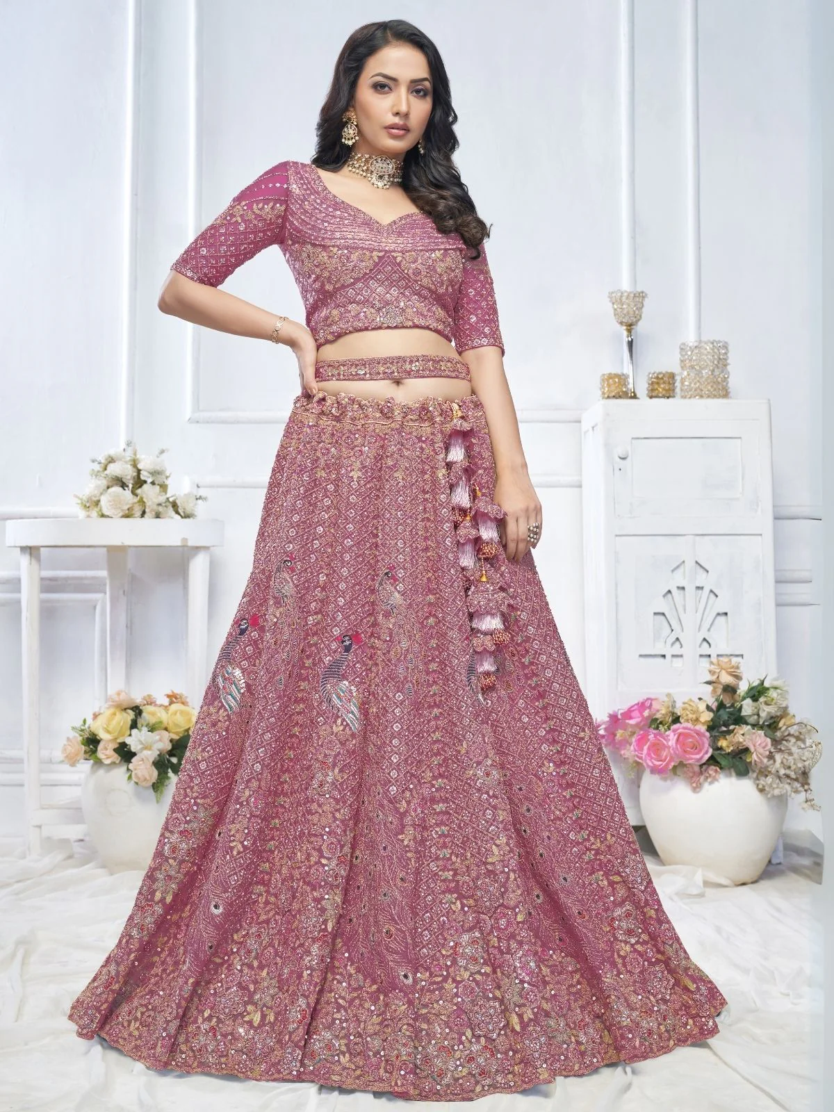 Odette Pink Soft Net Embroidered Semi-Stitched Lehenga With Unstitched Blouse For Women - Image 2