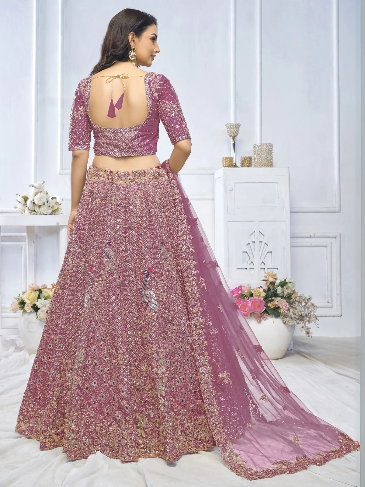 Odette Pink Soft Net Embroidered Semi-Stitched Lehenga With Unstitched Blouse For Women - Image 3
