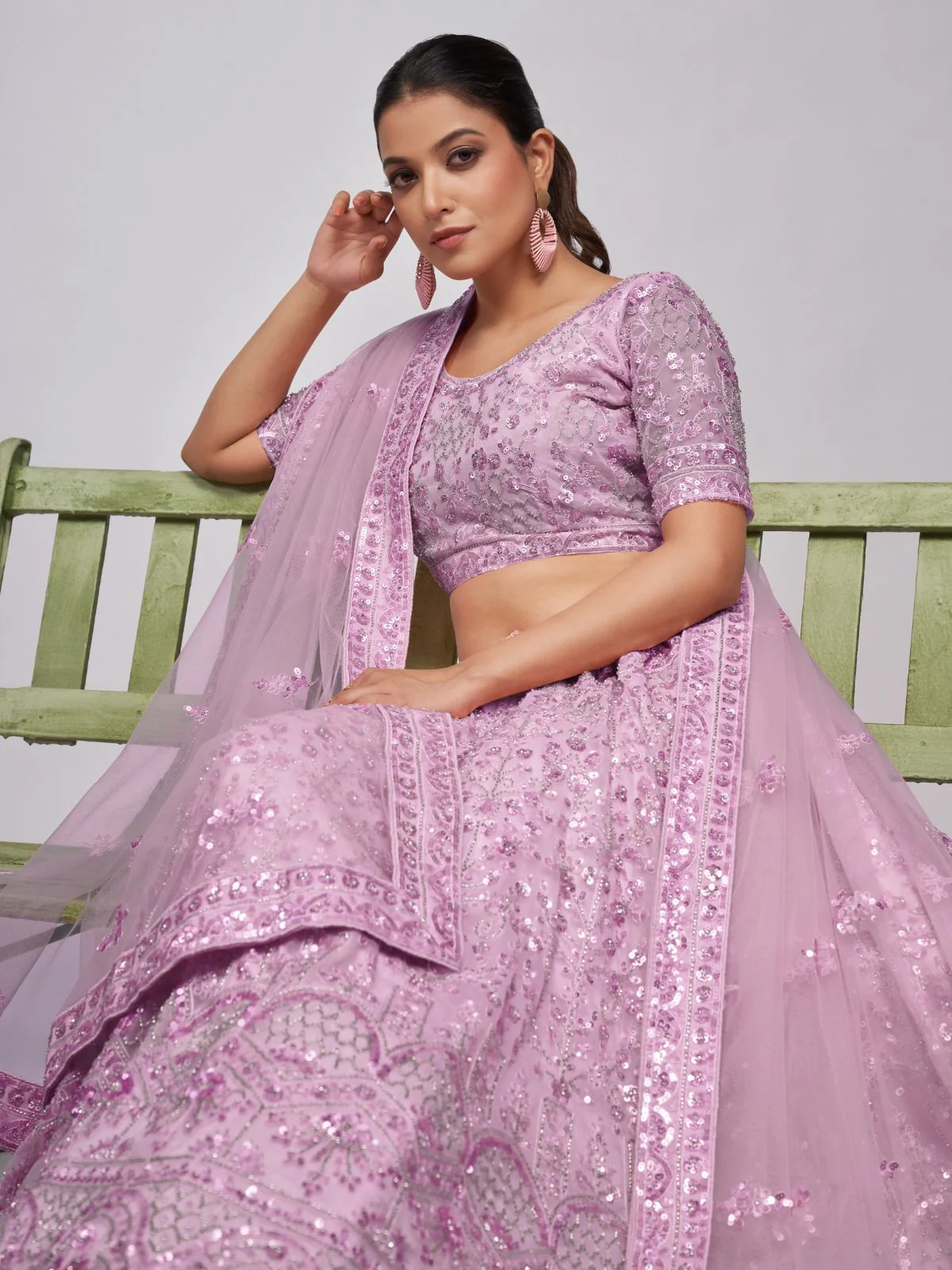 Odette Pink Soft Net Embroidered Semi Stitched Lehenga With Unstitched Blouse For Women - Image 3