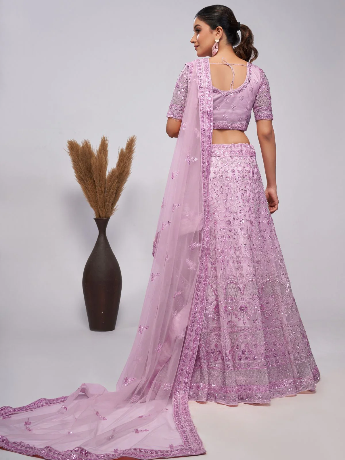 Odette Pink Soft Net Embroidered Semi Stitched Lehenga With Unstitched Blouse For Women - Image 5