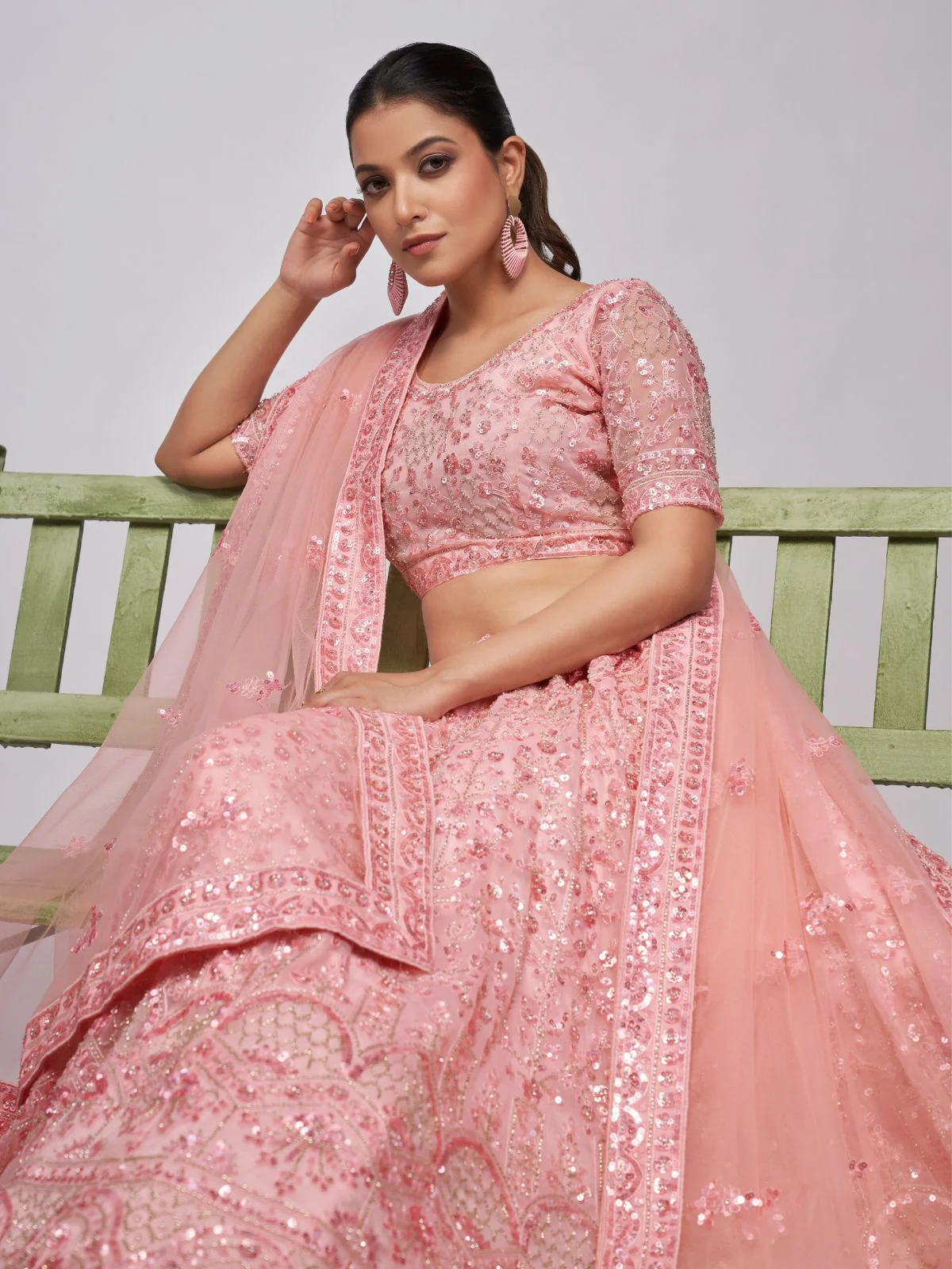 Odette Peach Soft Net Embroidered Semi Stitched Lehenga With Unstitched Blouse For Women - Image 4