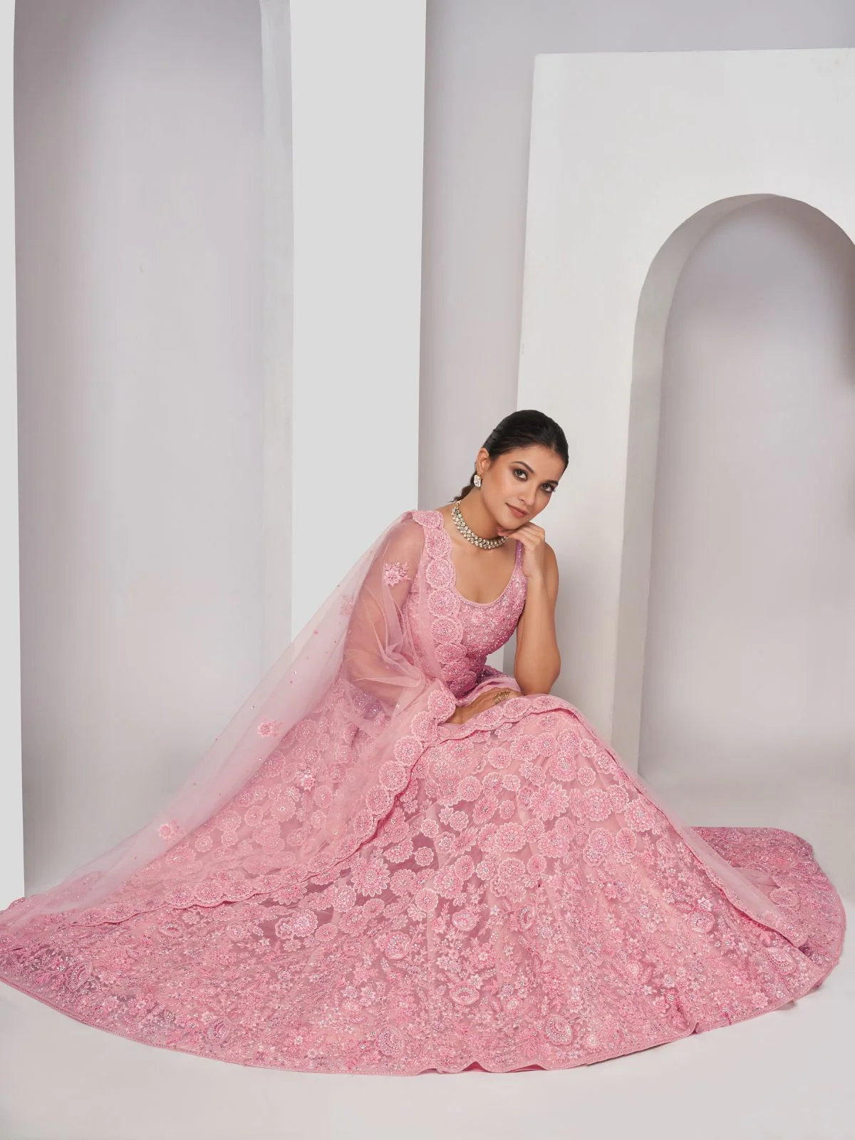 Odette Pink Soft Net Embroidered Semi Stitched Lehenga With Unstitched Blouse For Women - Image 2