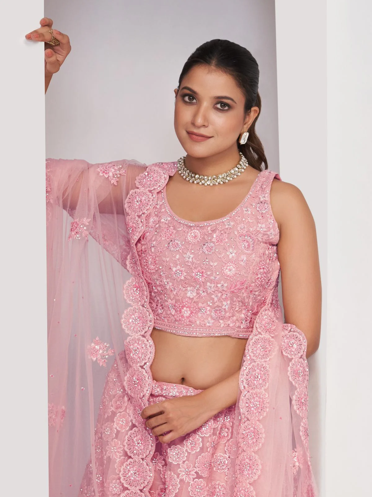 Odette Pink Soft Net Embroidered Semi Stitched Lehenga With Unstitched Blouse For Women - Image 3