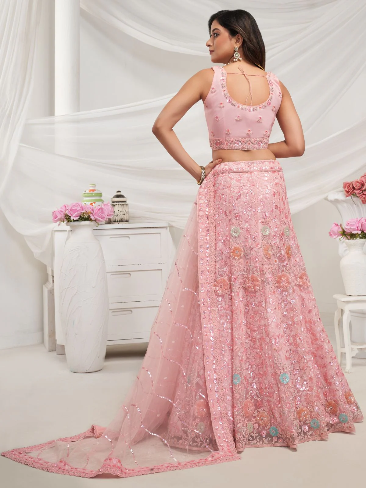 Odette Pink Soft Net Embroidered Semi Stitched Lehenga With Unstitched Blouse For Women - Image 5
