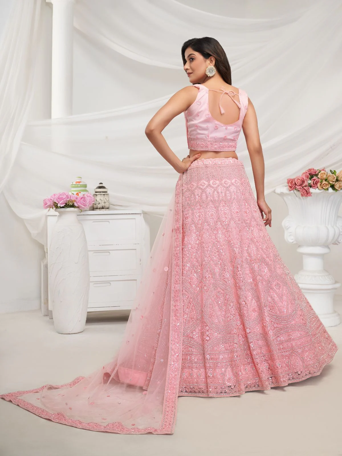 Odette Pink Soft Net Embroidered Semi Stitched Lehenga With Unstitched Blouse For Women - Image 5