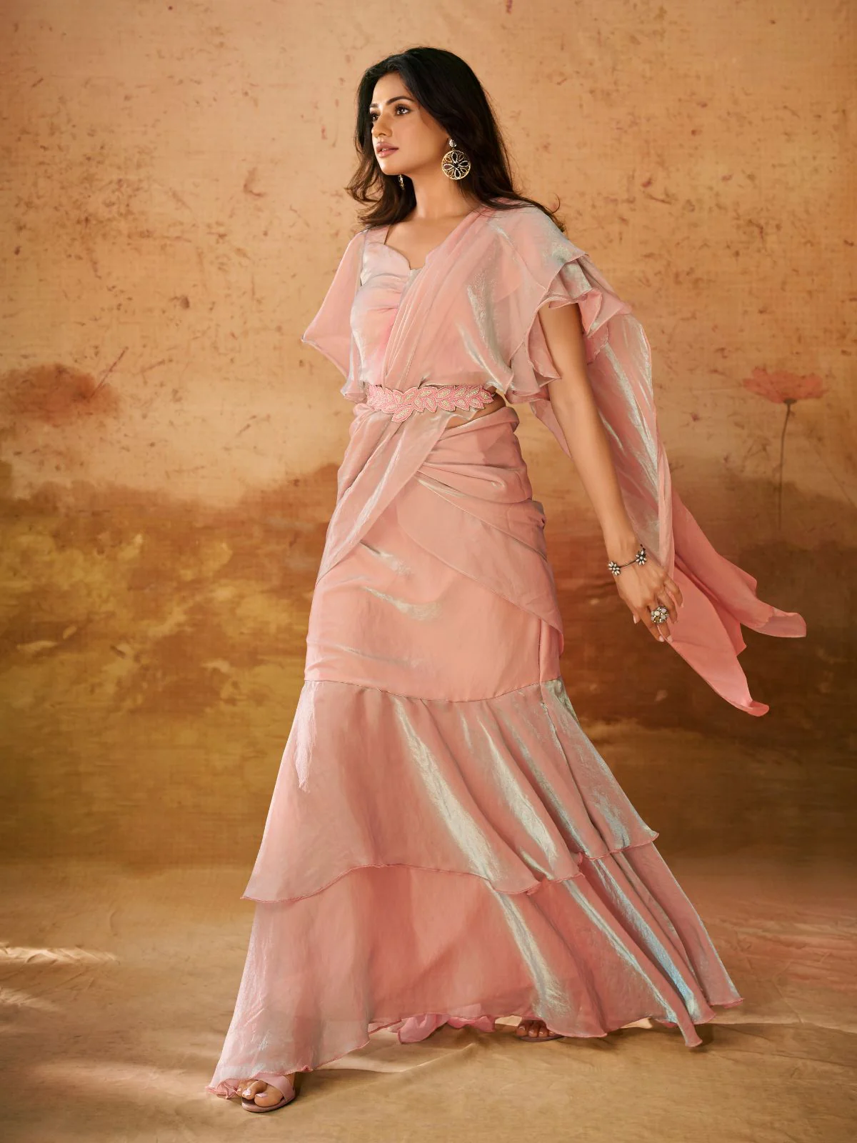 Odette Pink Solid Organza Ready To Wear Saree With Stitched Blouse For Women - Image 2