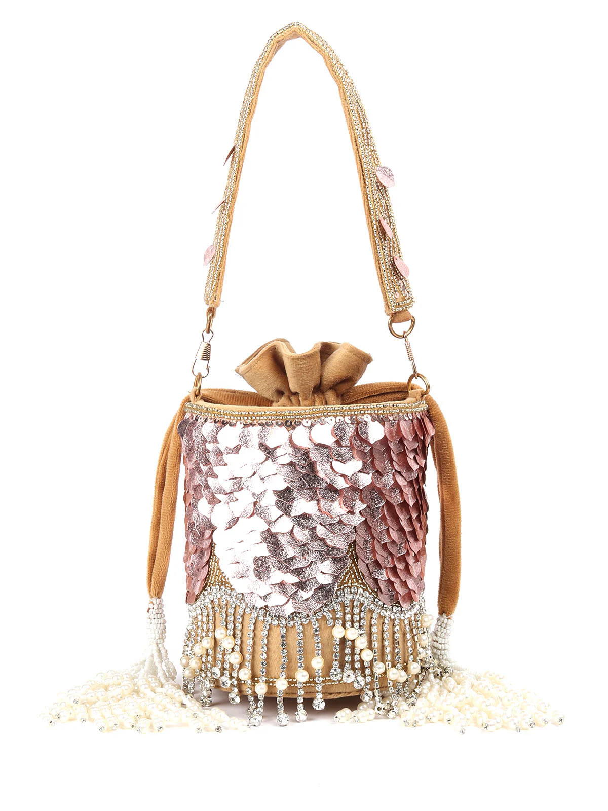 Odette Pink Structured Potli Bag with Tassels For Women - Image 4