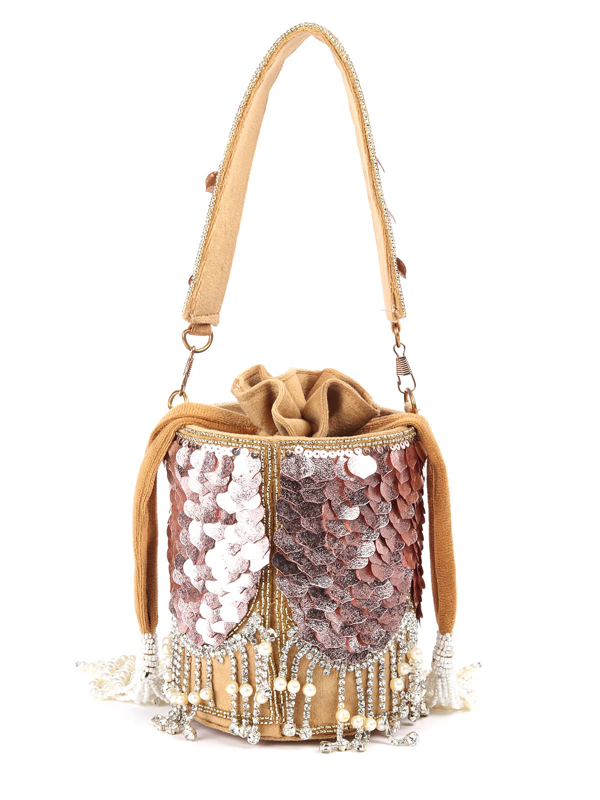 Odette Pink Structured Potli Bag with Tassels For Women - Image 5