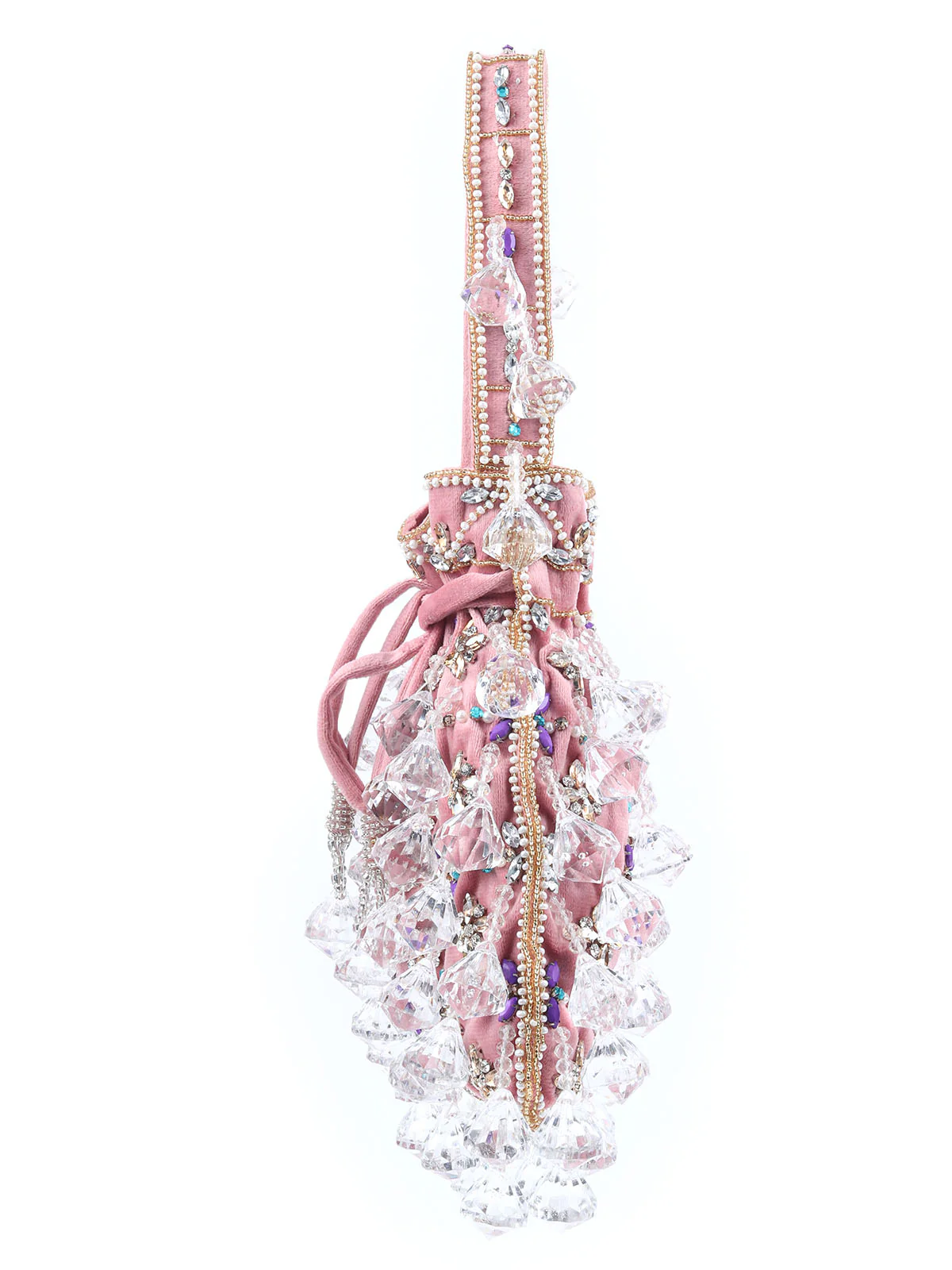Odette Pink Suede Embellished Potli For Women - Image 4