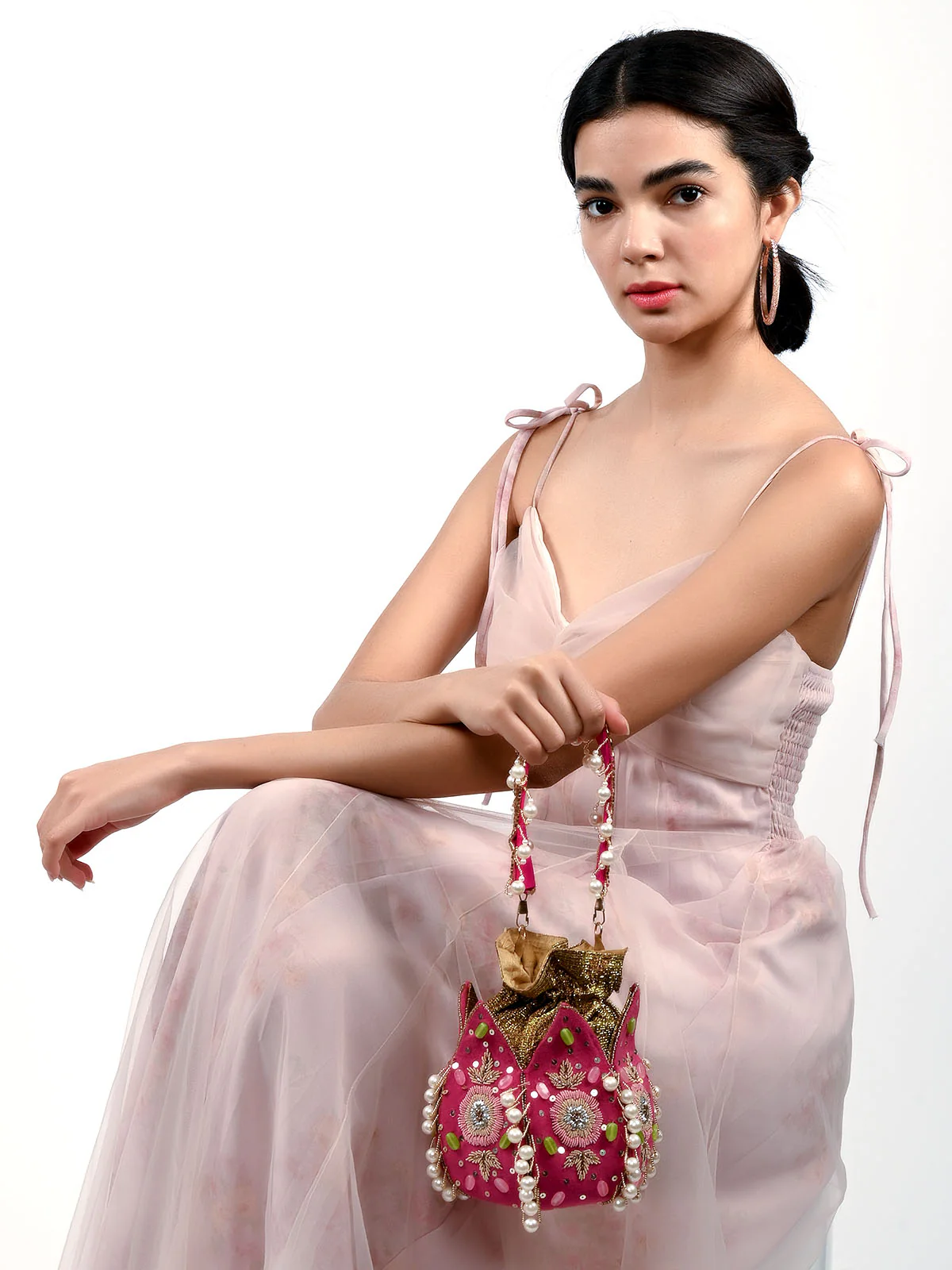 Odette Pink Suede Embroidered Lotus Potli For Women - Image 2