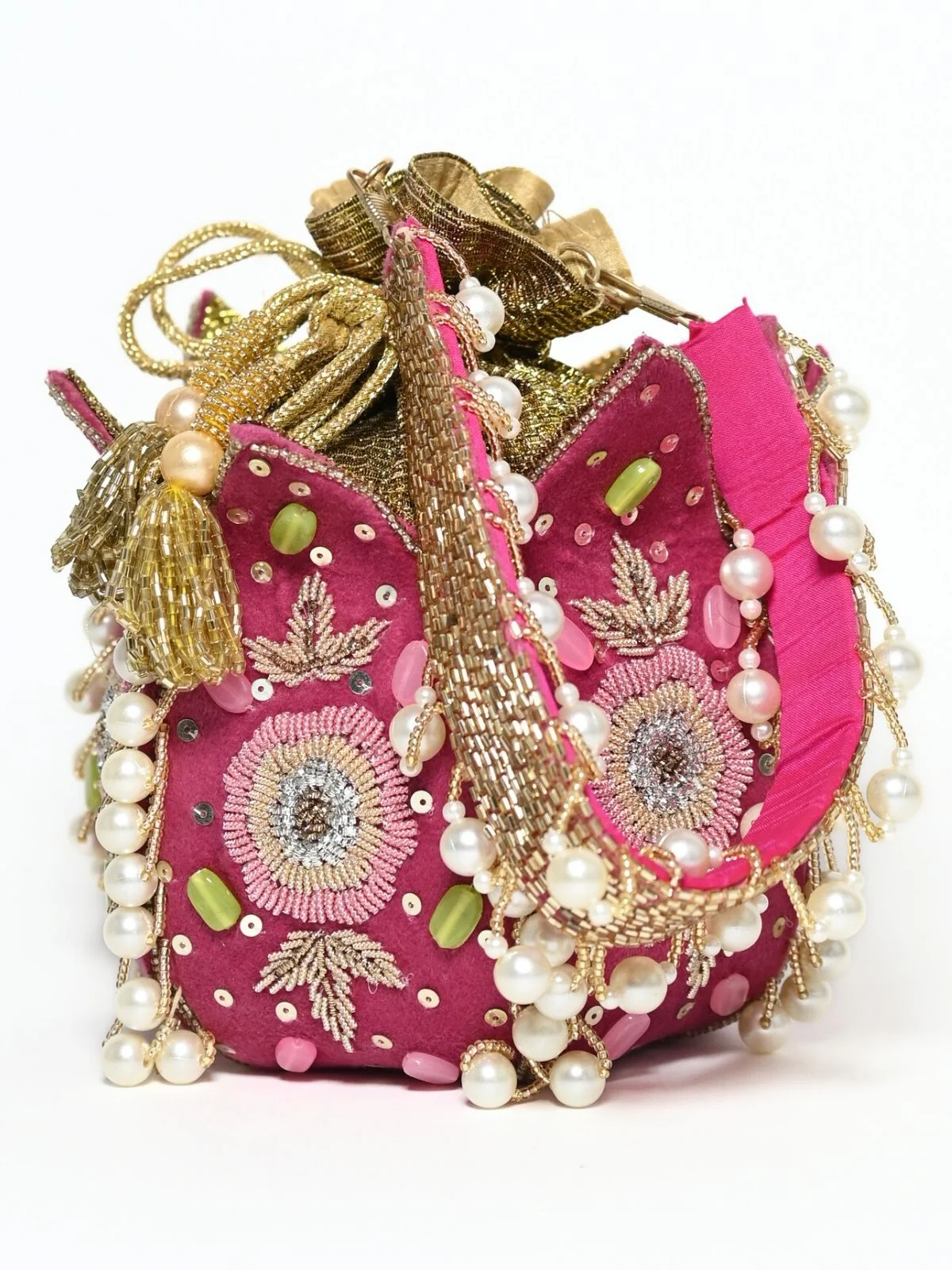 Odette Pink Suede Embroidered Lotus Potli For Women - Image 6