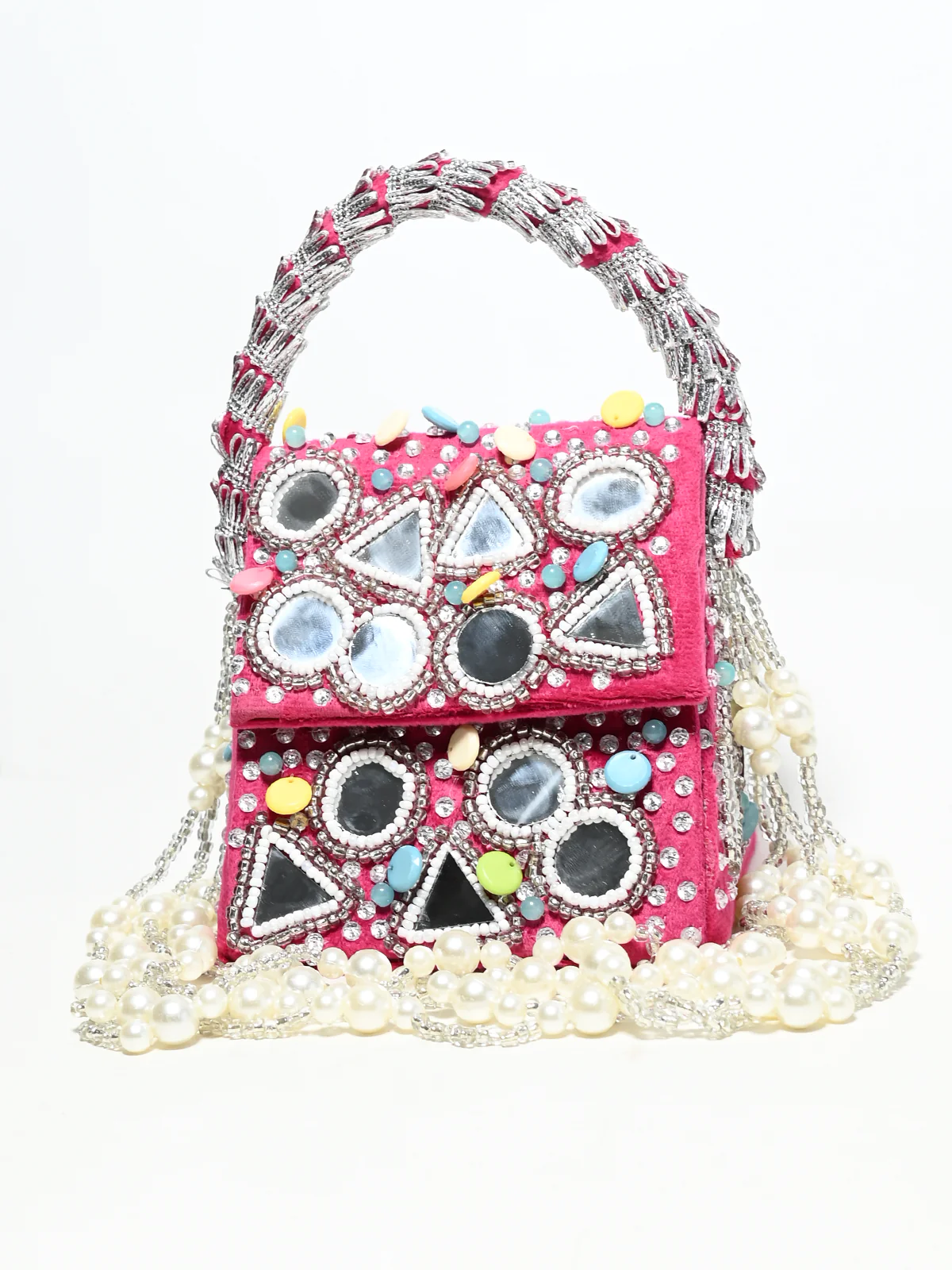 Odette Pink Suede Pearl And Mirror Embellished Clutch For Women - Image 2