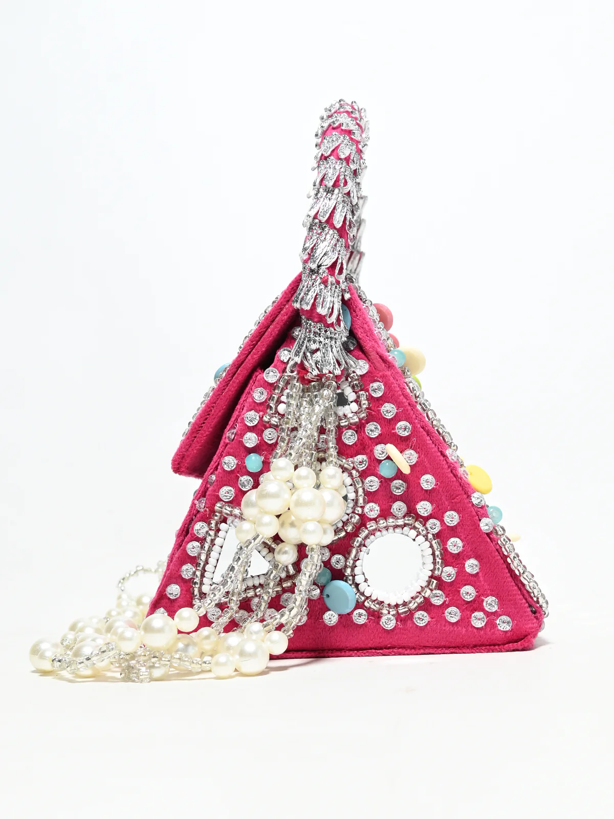 Odette Pink Suede Pearl And Mirror Embellished Clutch For Women - Image 4