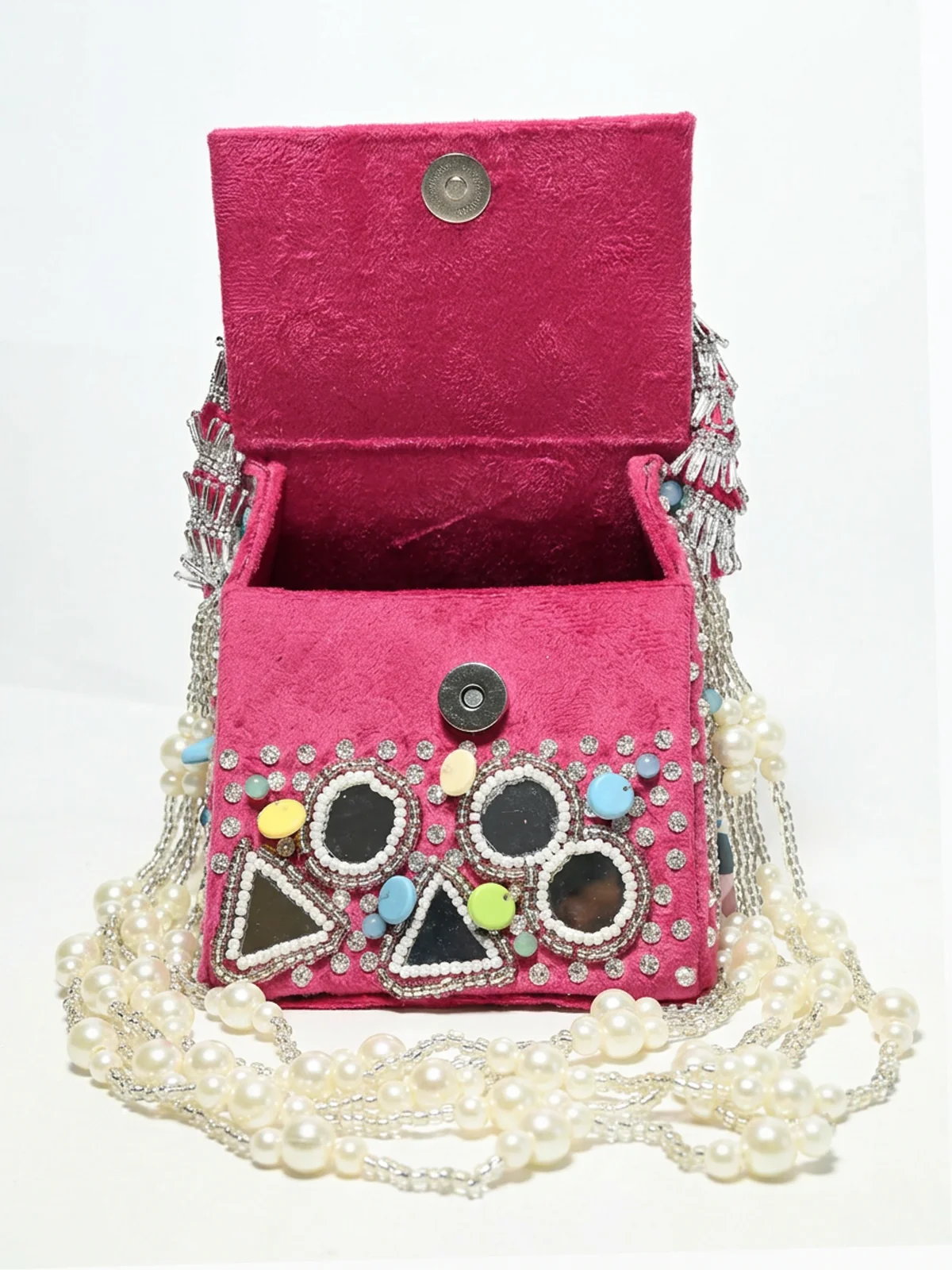 Odette Pink Suede Pearl And Mirror Embellished Clutch For Women - Image 5