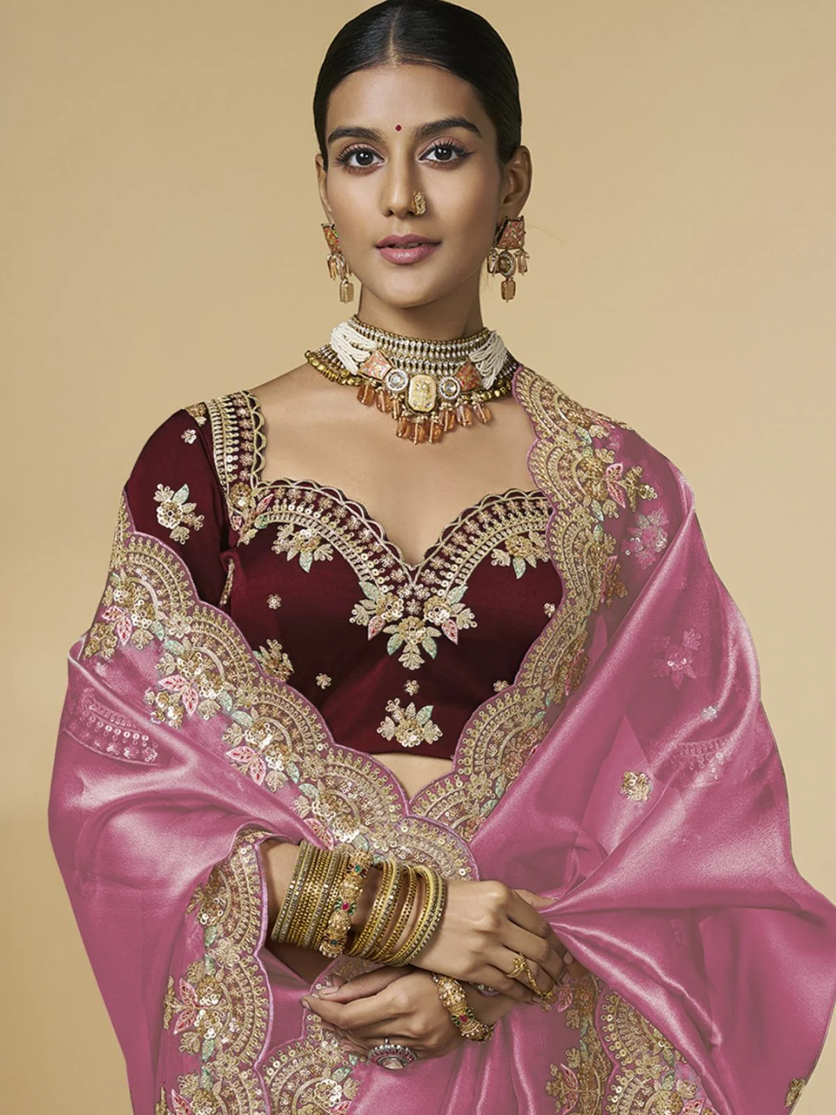 Odette Pink Tissue Embellished Saree For Women - Image 4
