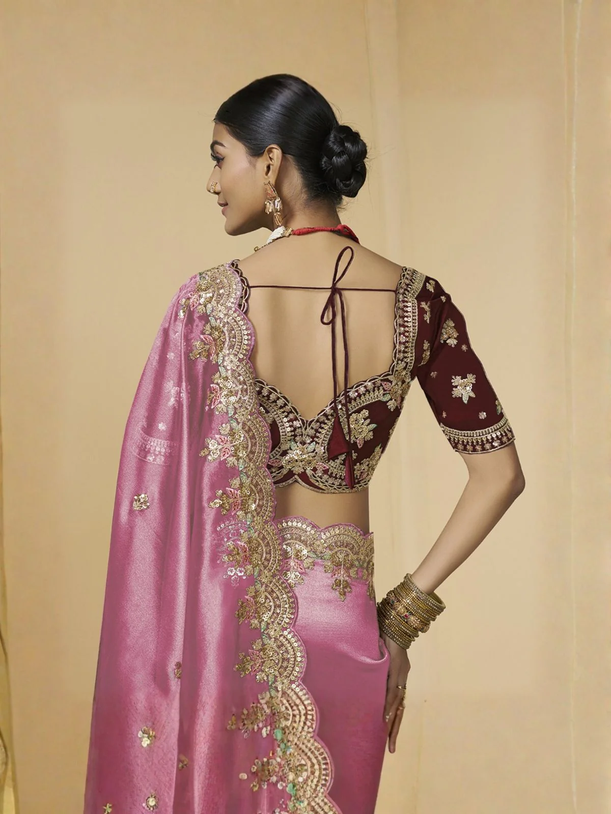 Odette Pink Tissue Embellished Saree For Women - Image 5