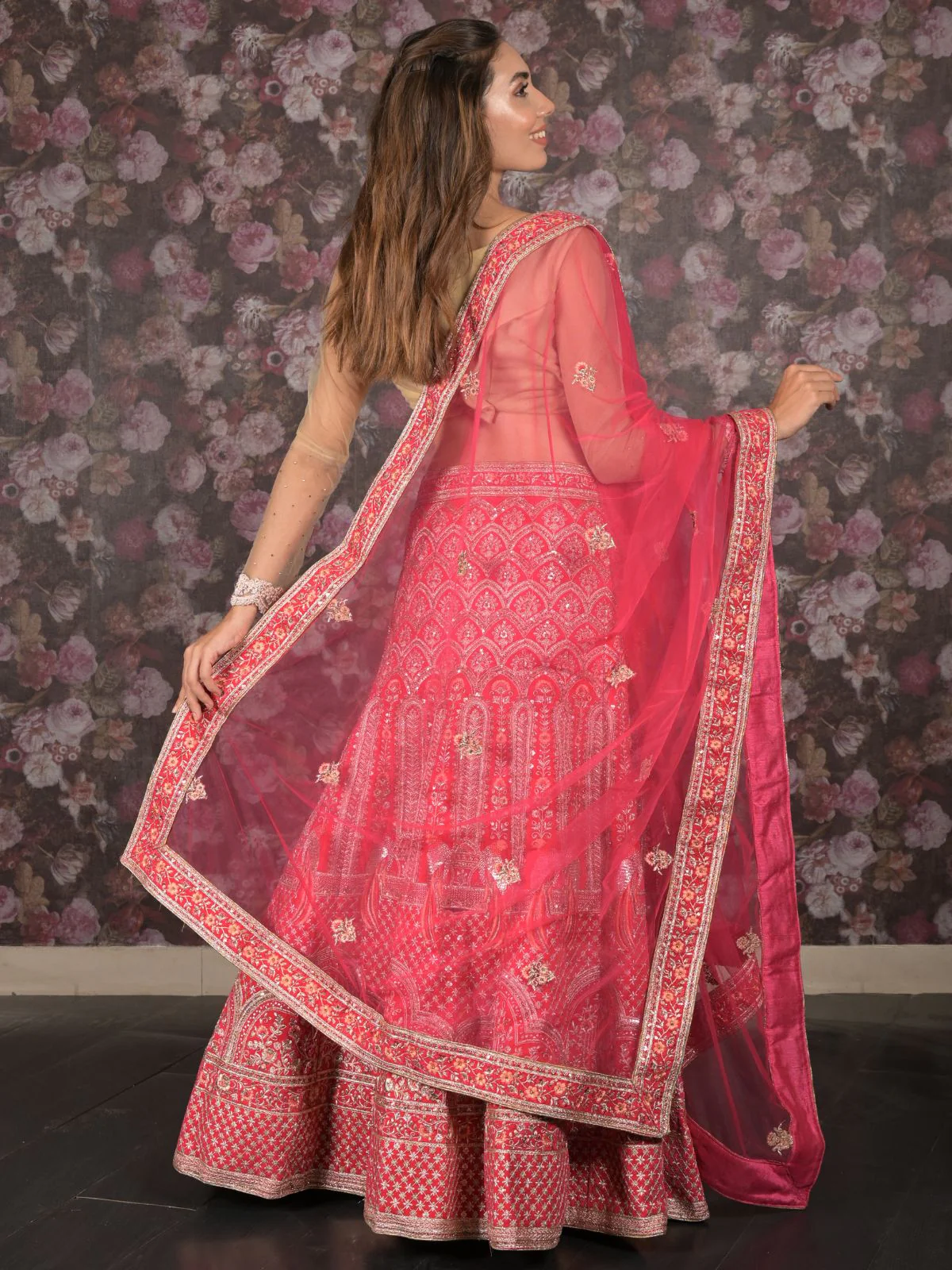 Odette Pink Velvet Embroidered Semi Stitched Lehenga With Unstitched Blouse For Women - Image 4