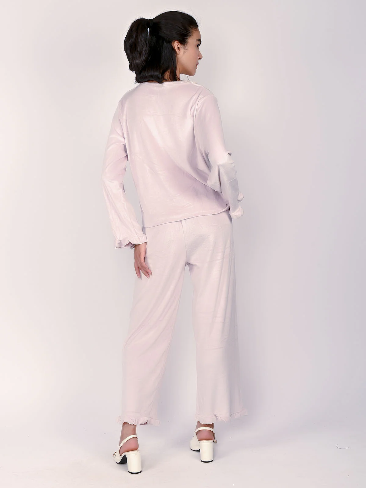 Odette Pink Velvet Solid Night Wear Set For Women - Image 5