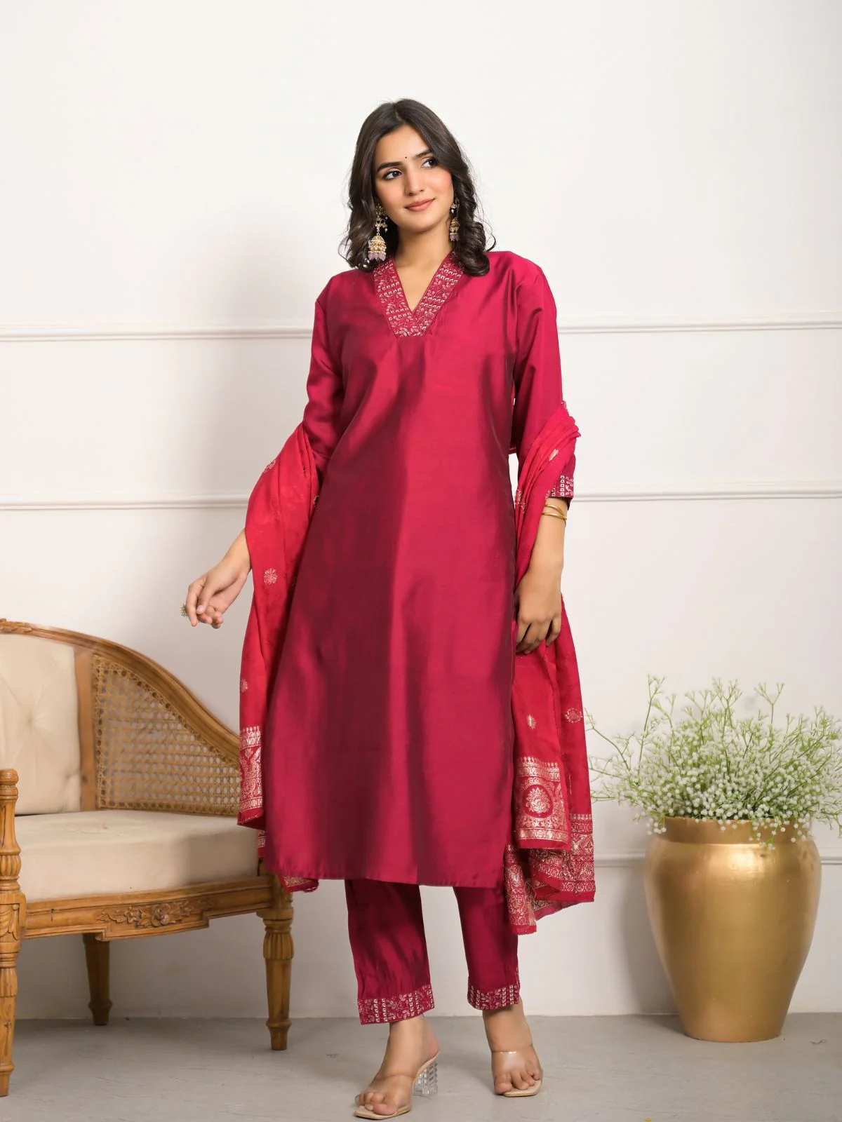 Odette Pink Viscose Chanderi Embroidered Stitched Kurta Set For Women - Image 2