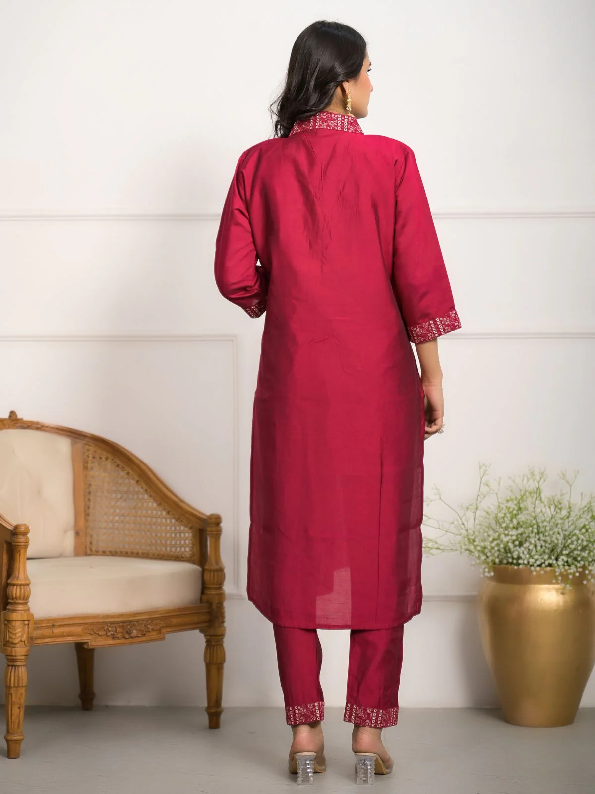 Odette Pink Viscose Chanderi Embroidered Stitched Kurta Set For Women - Image 3