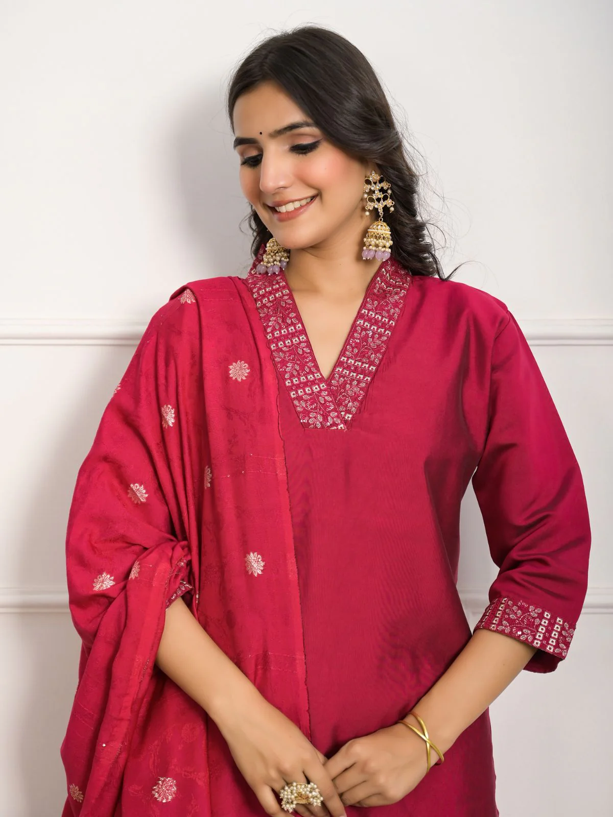 Odette Pink Viscose Chanderi Embroidered Stitched Kurta Set For Women - Image 4