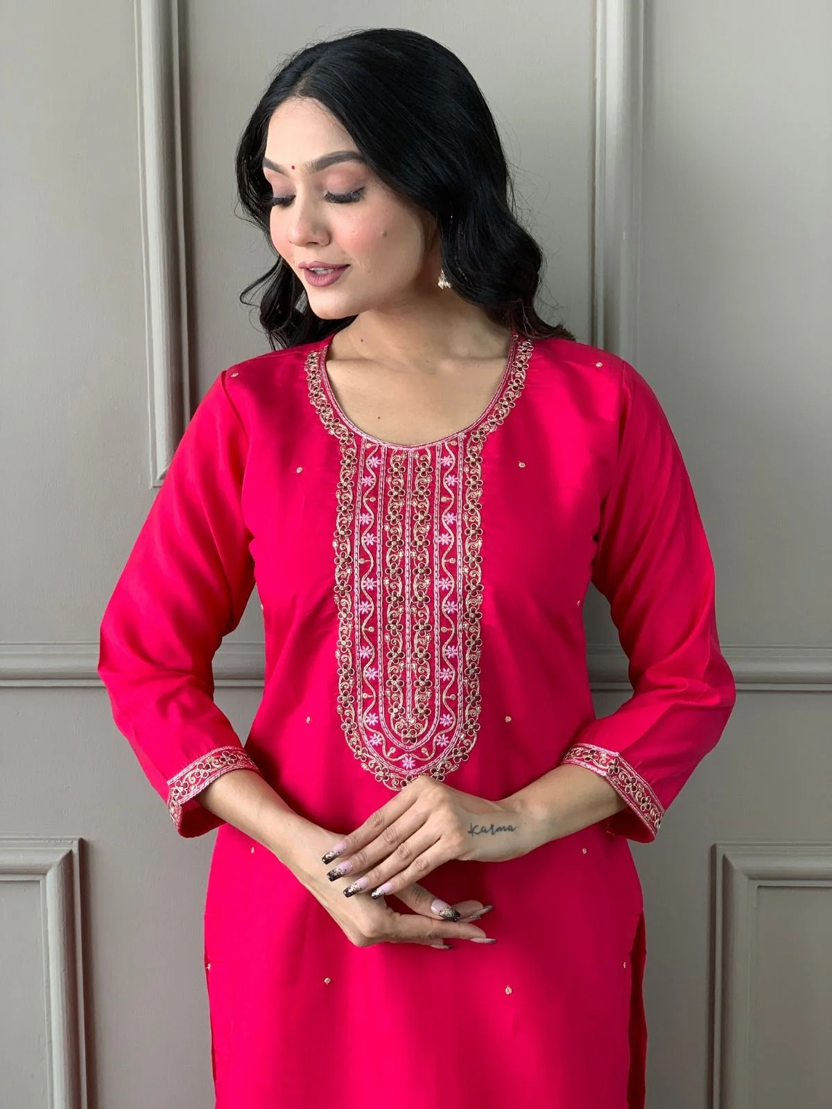 Odette Pink Viscose chanderi Embroidered Stitched Kurta Set For Women - Image 4