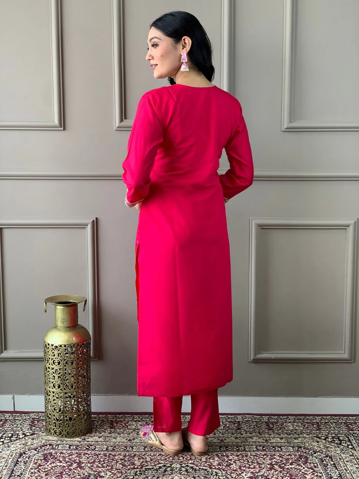 Odette Pink Viscose chanderi Embroidered Stitched Kurta Set For Women - Image 6