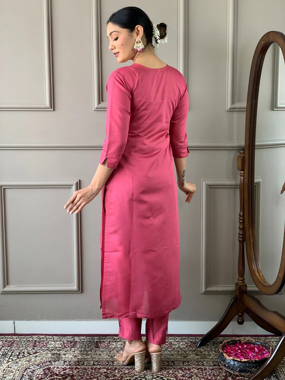 Odette Pink Viscose chanderi Embroidered Stitched Kurta Set For Women - Image 5