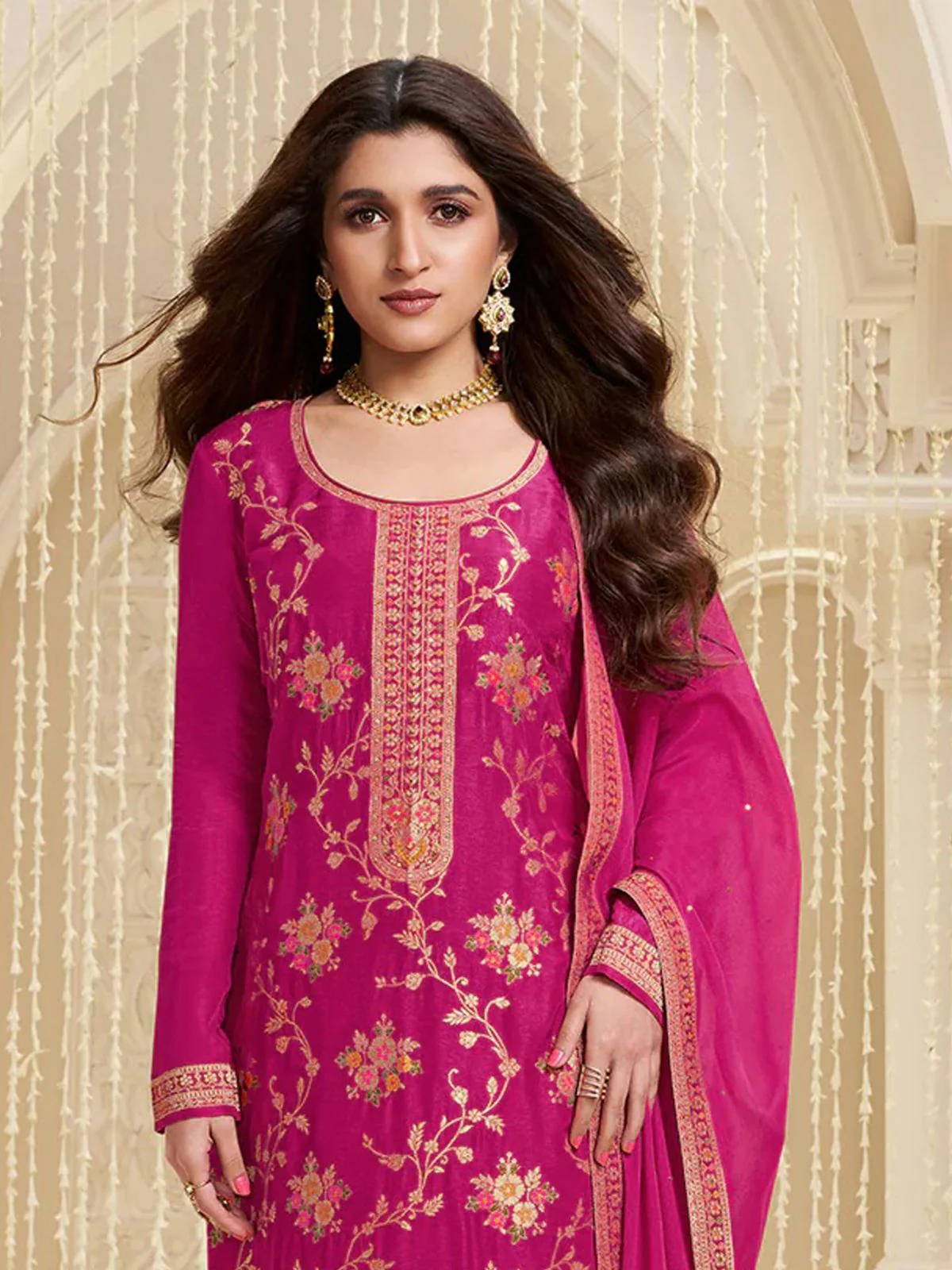 Odette Pink Viscose Embroidered Semi-Stitched Kurta Set For Women - Image 2