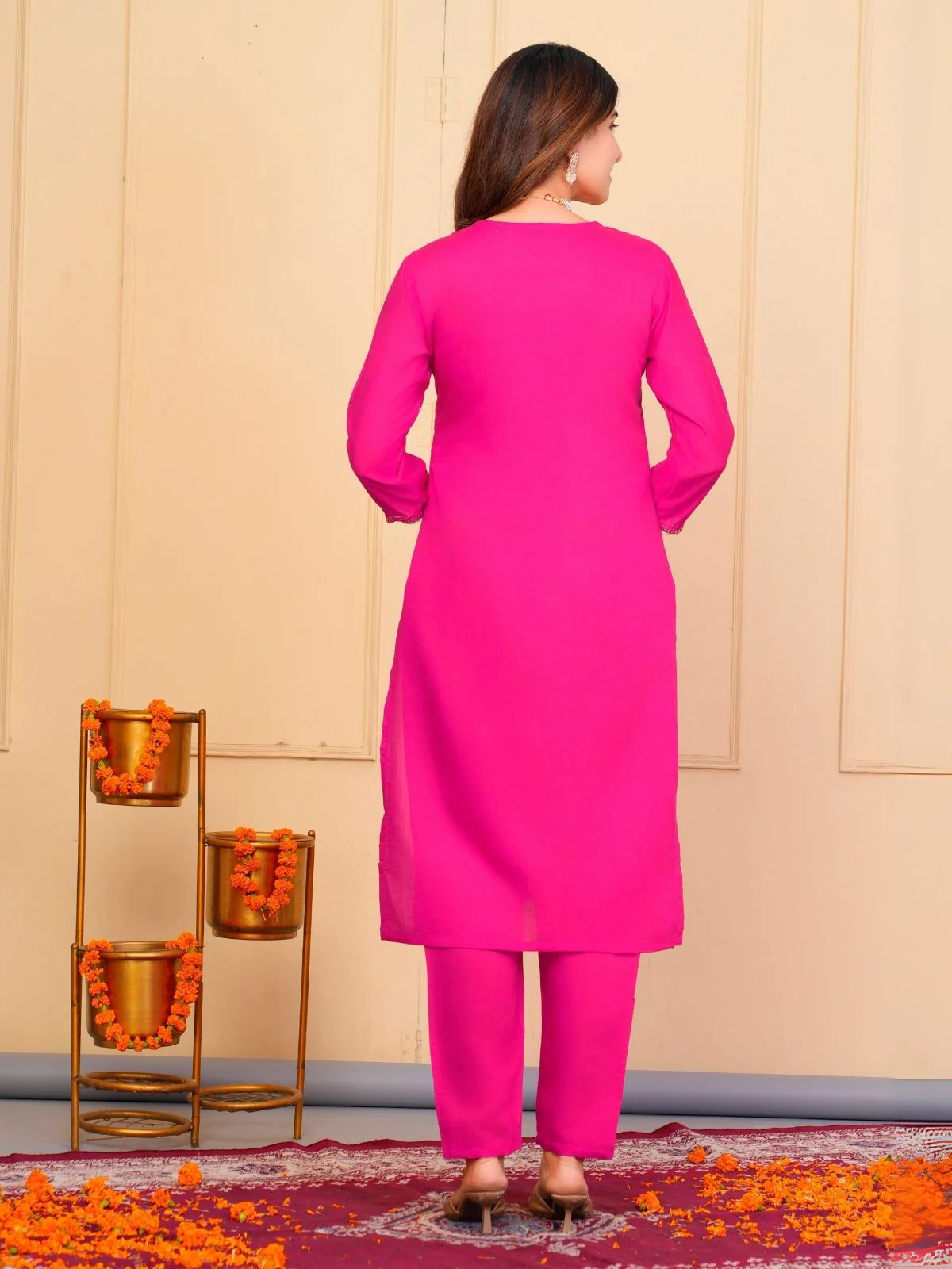 Odette Pink Viscose Embroidered Stitched Kurta Set For Women - Image 4