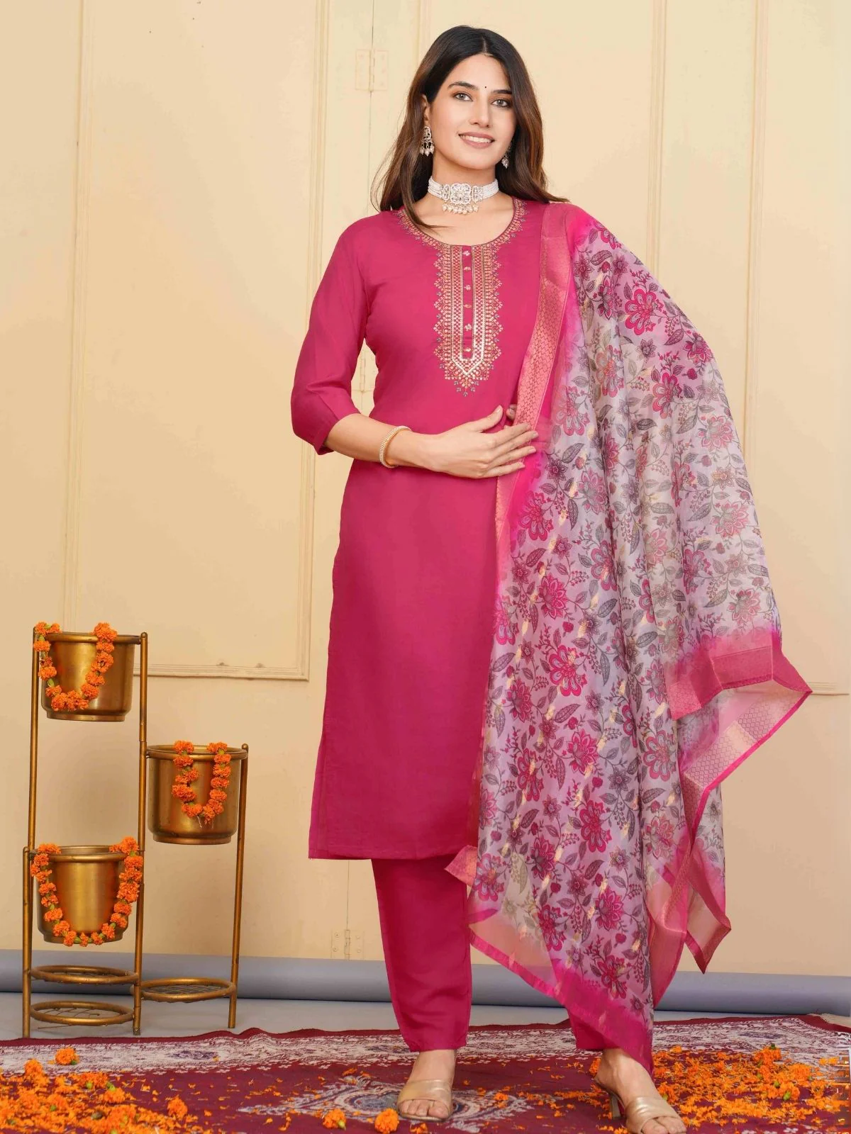Odette Pink Viscose Embroidered Stitched Kurta Set For Women