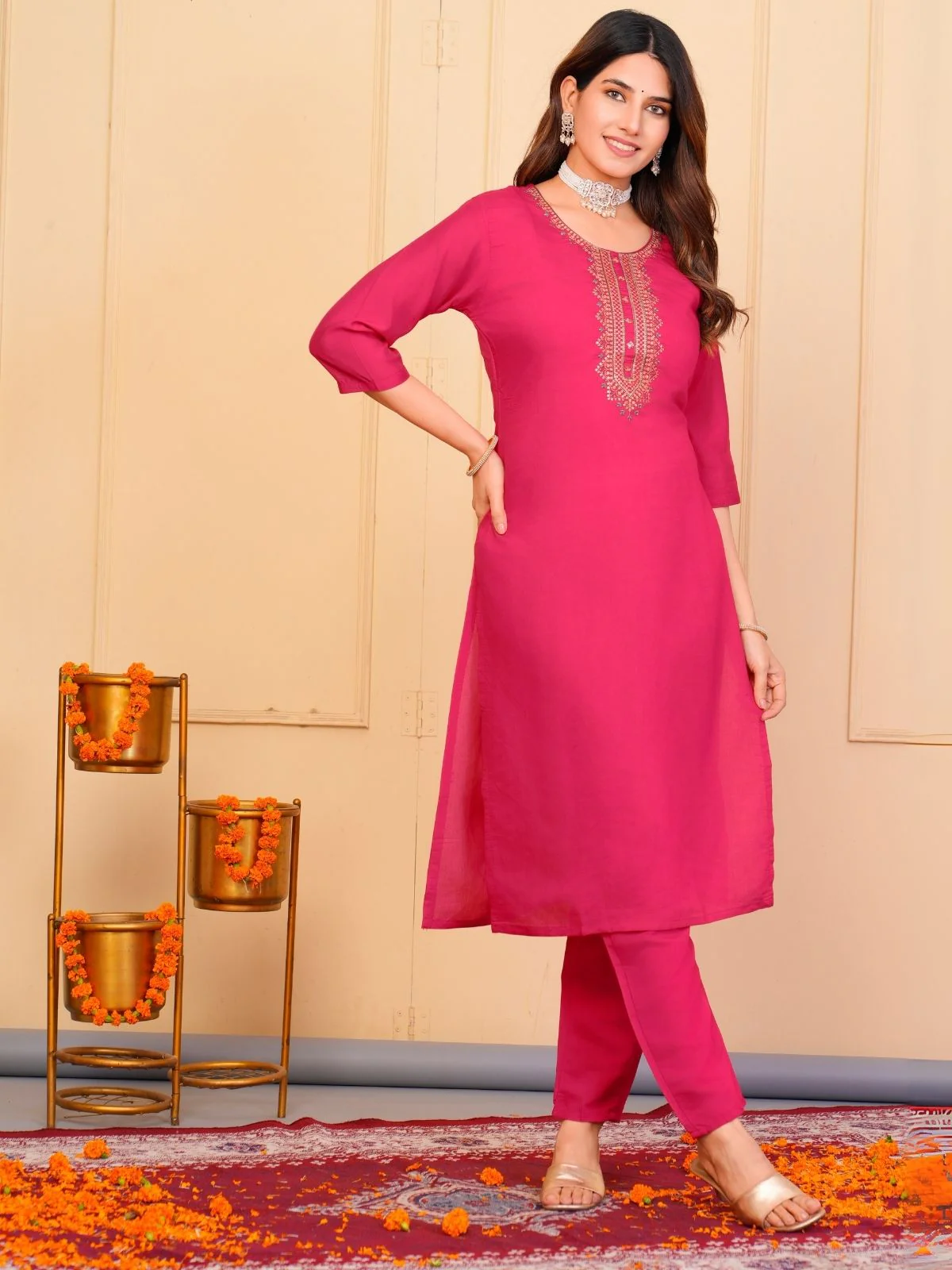 Odette Pink Viscose Embroidered Stitched Kurta Set For Women - Image 3