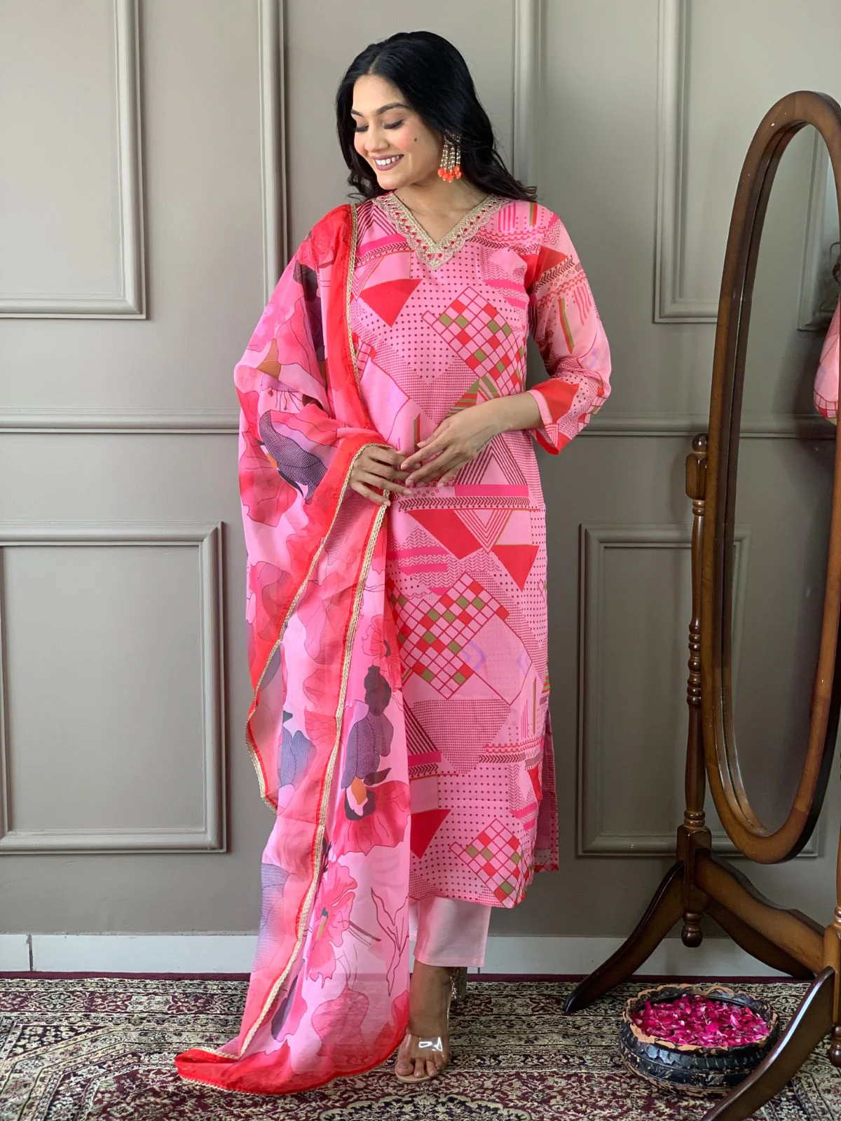 Odette Pink Viscose Printed Stitched Kurta Set For Women - Image 2