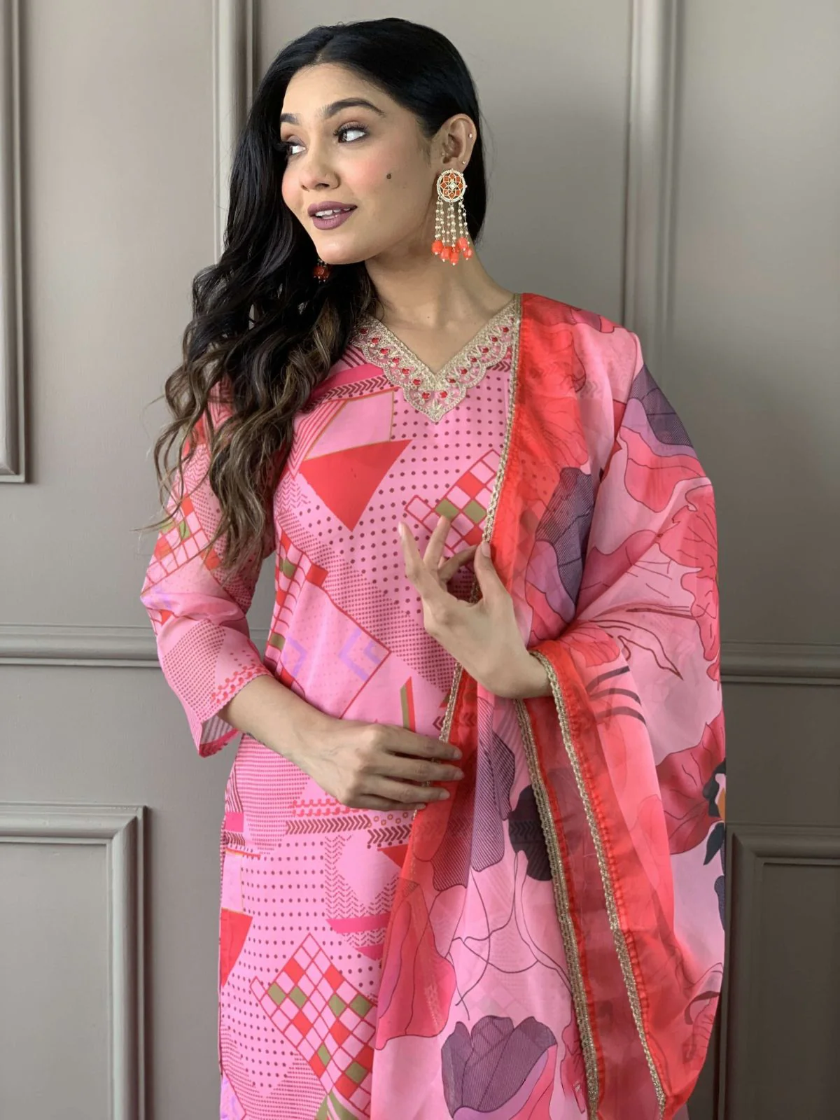 Odette Pink Viscose Printed Stitched Kurta Set For Women - Image 3