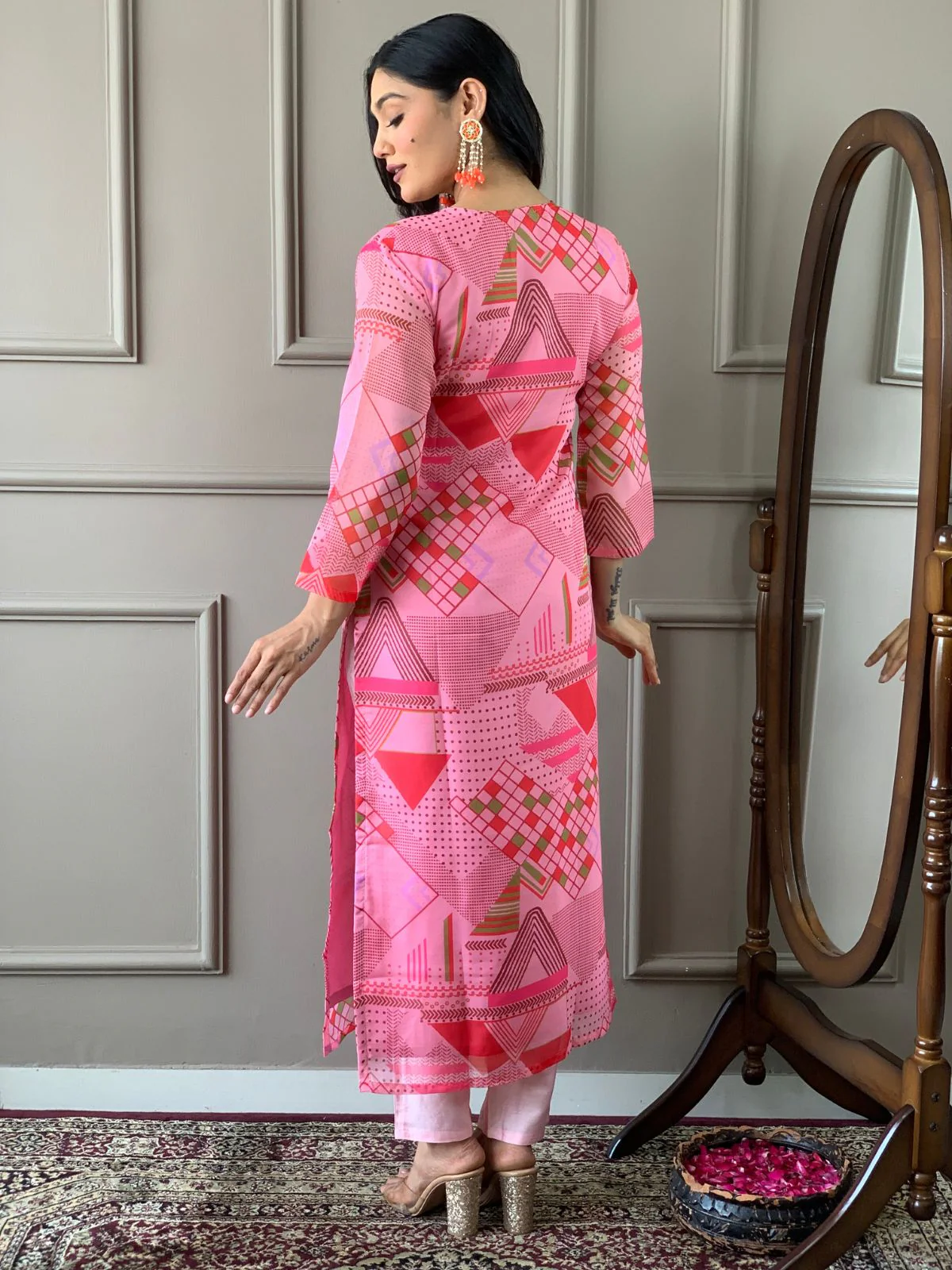 Odette Pink Viscose Printed Stitched Kurta Set For Women - Image 4