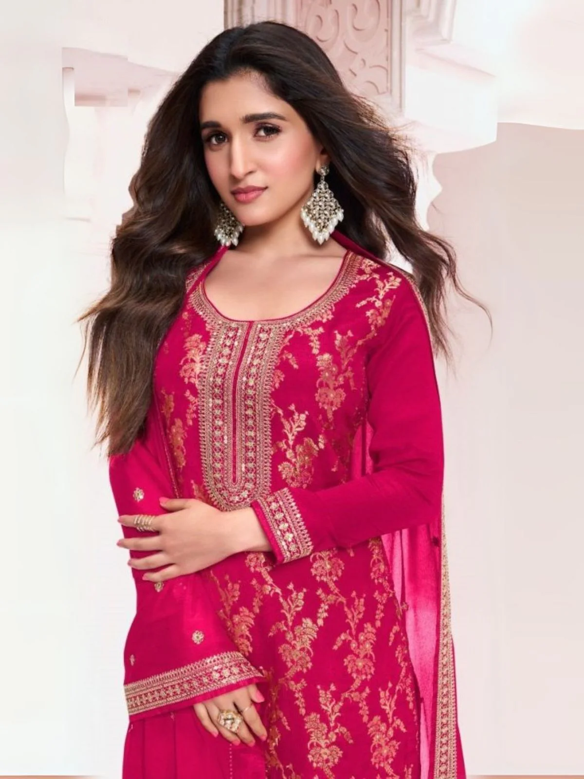 Odette Pink Viscose Rayon Embroidered Semi-Stitched Kurta Set For Women - Image 2
